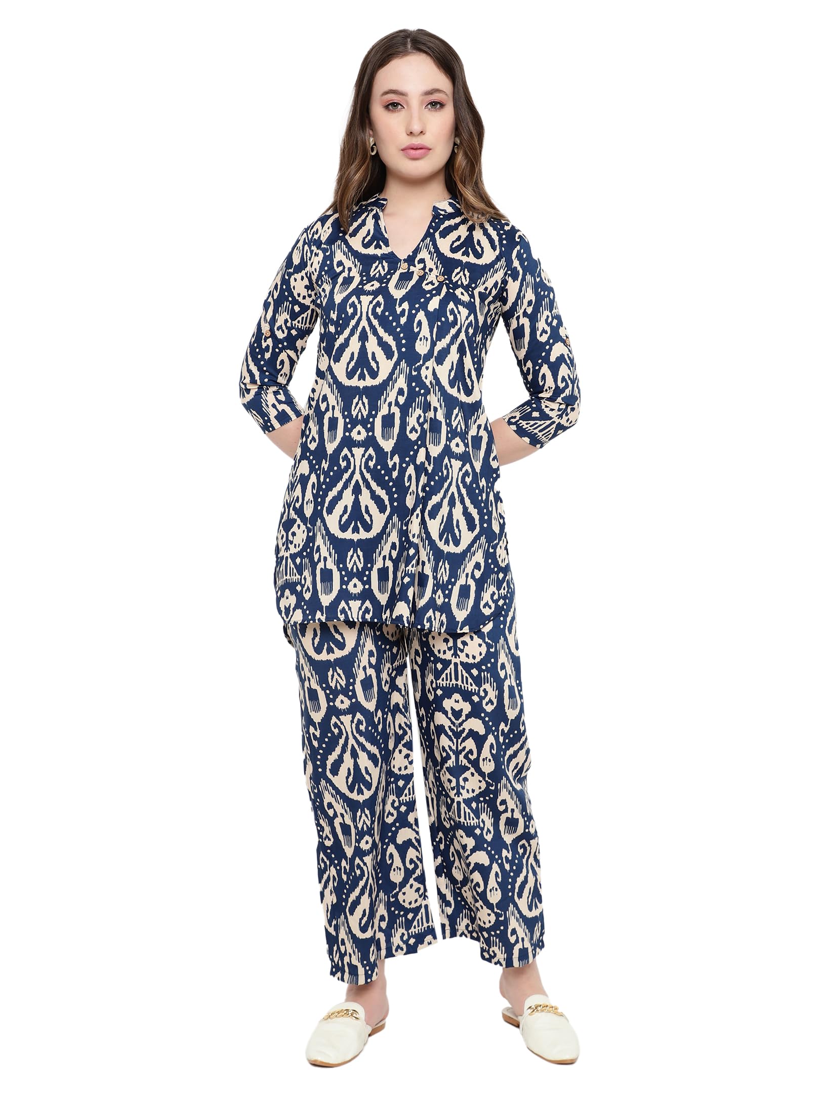 Sugathari Women's Dress Batik Navy Blue V-Neck Co-Ods Set For Women (Co-Ods 97 Batik Blue S)