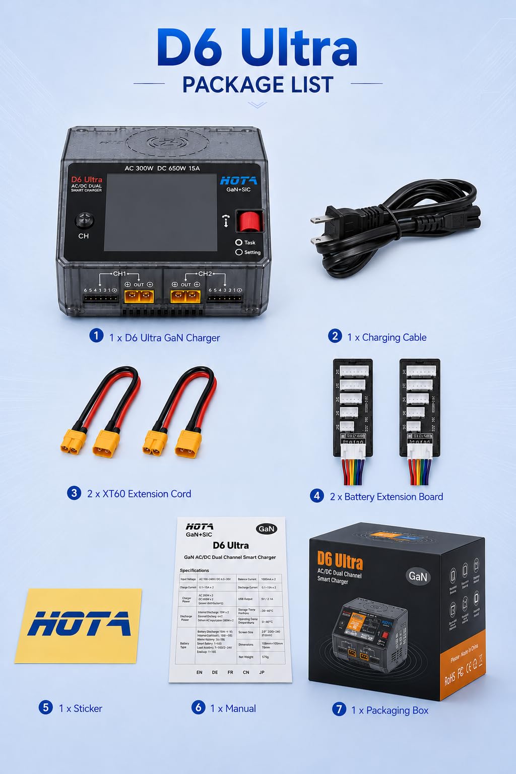 HOTA D6 Ultra GaN+SiC Smart Lipo Ladegerät, 650W DC/300W AC 15A×2 Dual Kanal RC Akku Ladegerät für LiPo Life LiIon NiMH Blei-Säure 1-6S FPV Drohne RC Auto Boot mit 2,8" Farbdisplay & kabelloses Laden