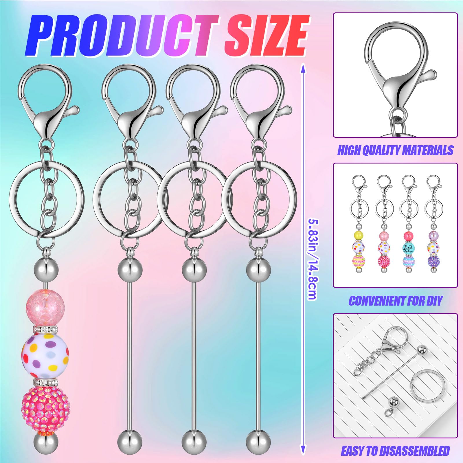 Equsion Perlen-Schlüsselanhänger, Rohlinge, abnehmbare Perlen, Metall, DIY-Schlüsselanhänger für Mädchen und Frauen, DIY, Basteln, Schlüsselanhänger, Zubehör, Anhänger, Projekte, Schmuck, Geschenke,