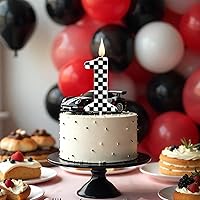 Vista 5 de Velas de cumpleaños con temática de autos de carreras, velas a cuadros número 1, adorno de pastel a cuadros blanco y negro, suministros para fiestas