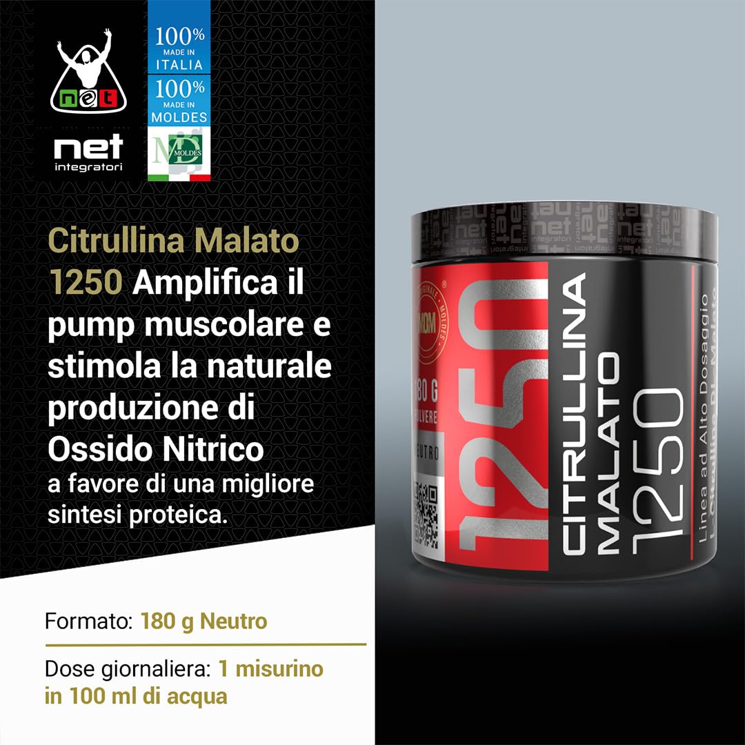 Net Integratori Citrullina Malato 1250 – 180 g Neutro – Integratore Pre Workout per Ossido Nitrico e Pump Muscolare – Massima Resistenza Fisica Energia e Recupero