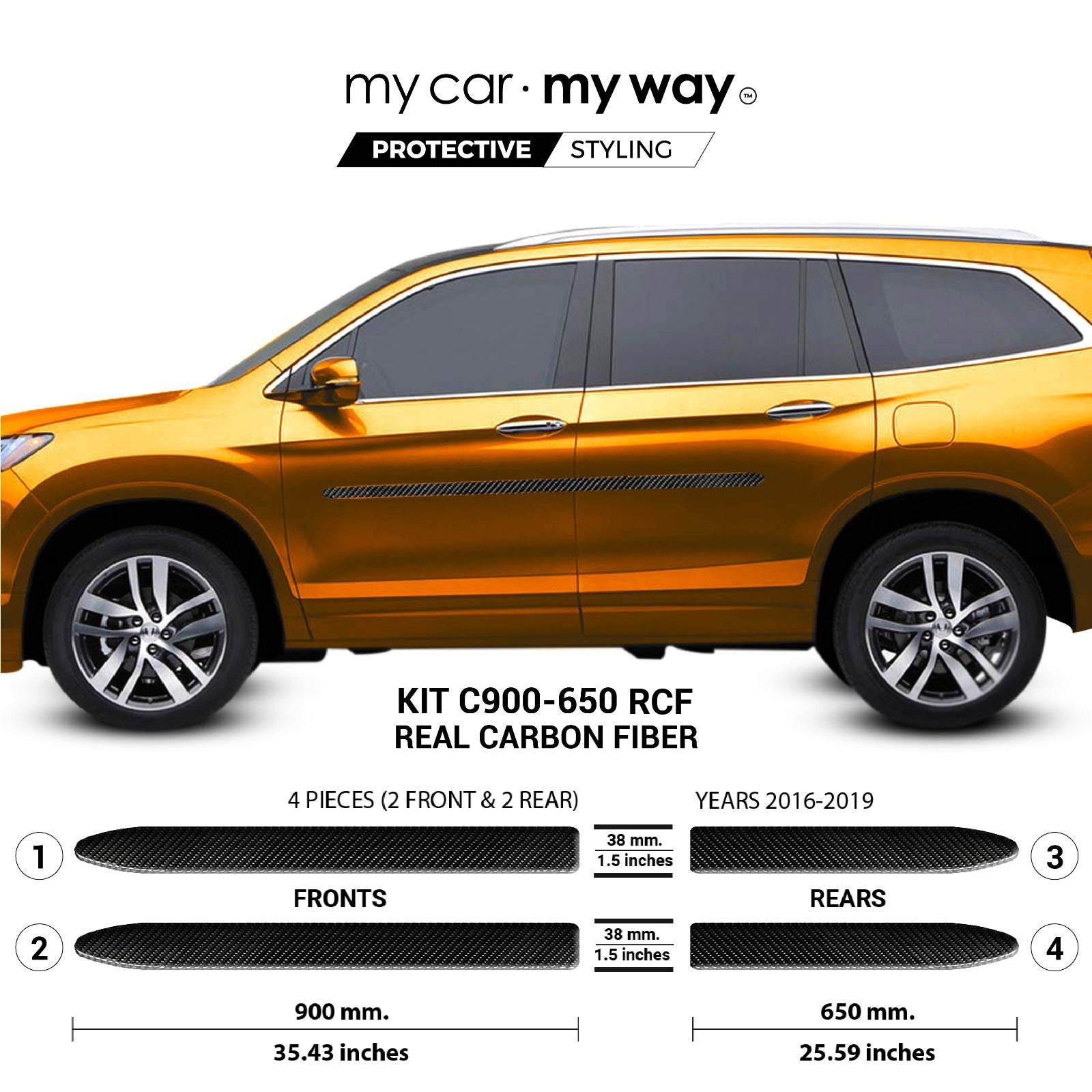 MY CAR MY WAY (Fits) Honda Pilot 2016-2019 Real Carbon Fiber Body Side Molding Trim Door Protector