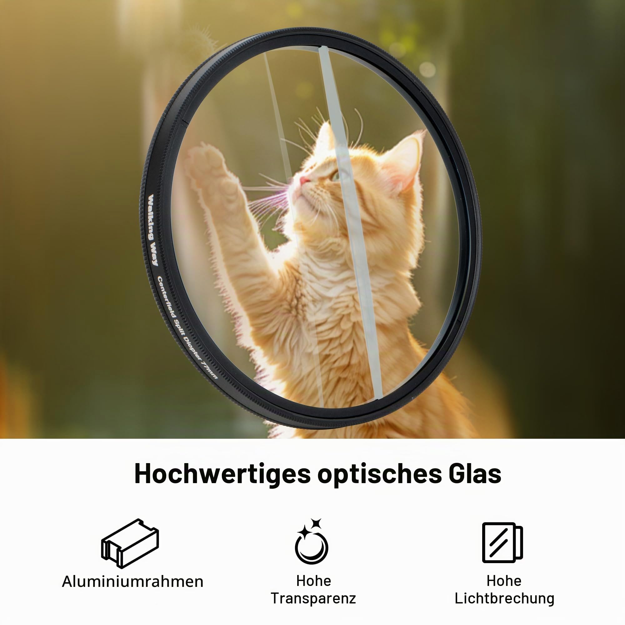 Walking Way Split-Diopter 77mm für doppelten Halbmond-Unschärfe-Effekt | K9 Optikglas Aluminiumrahmen doppelter Halbmond Split-Fokus klare Mitte mit künstlerischer Unschärfe