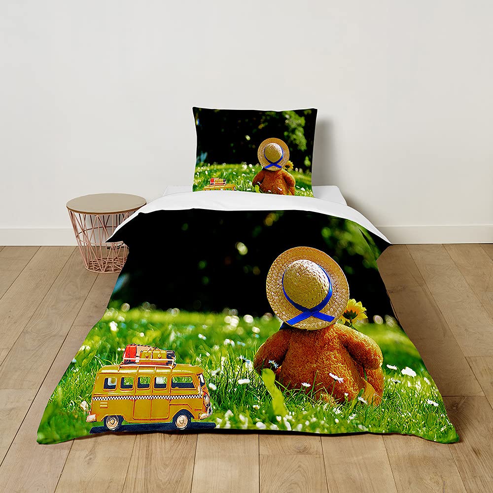 FANSU Kids Boys Girls Duvet Cover 2 Piece Bedding Set, Super cute plush Bear Printing Children Quilt Cover & Pillow Set for Nursery Toddler Cot Single Size Bed (Garden Bear,100x135cm+40x60cm)