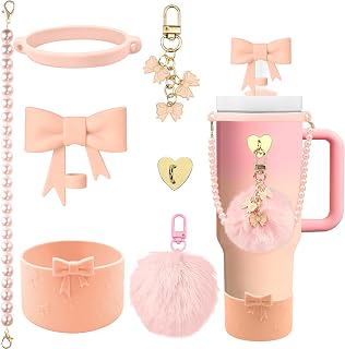 7PCS Bow Charms of Stanley Cup Accessories Tumbler Accessories Set | Water Bottle Tumbler Accessories Set 30/40 OZ, Pearl Decorations for Stanley Cup, Including Bow Straw Topper, Tumbler Boot