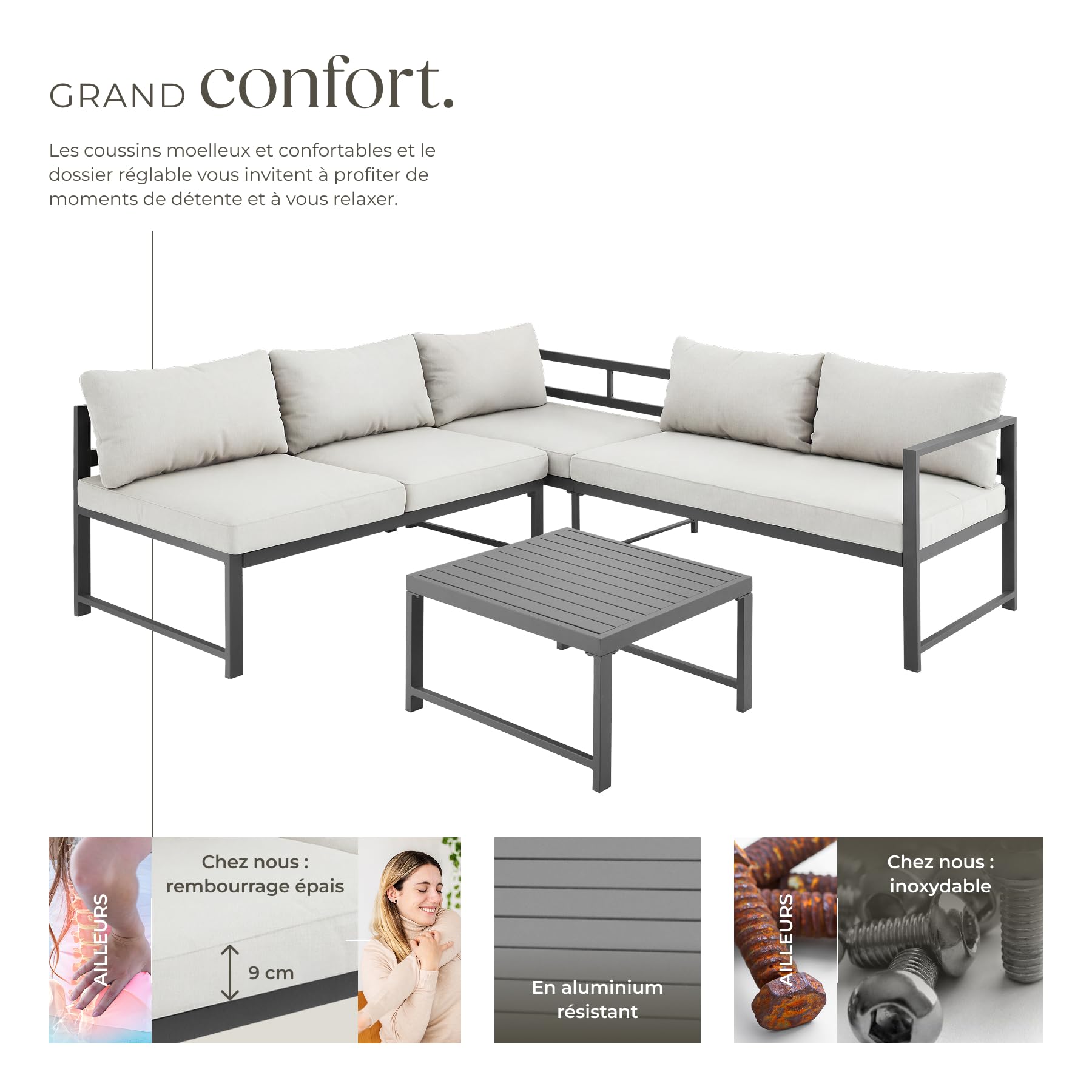 tectake® Ensemble Salon de Jardin Exterieur 5 Personnes en Aluminium 1 Canapé 2 Places 1 Canapé 3 Places & 1 Table de Jardin, Coussins Inclus, Mobilier Amenagement Balcon Terrasse Veranda