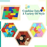 Vista 5 de Paquete de 4 bloques de madera rompecabezas hexagonal geométrico Tangram rompecabezas con forma de bloque de cerebro Teaser juguete ruso lógica IQ