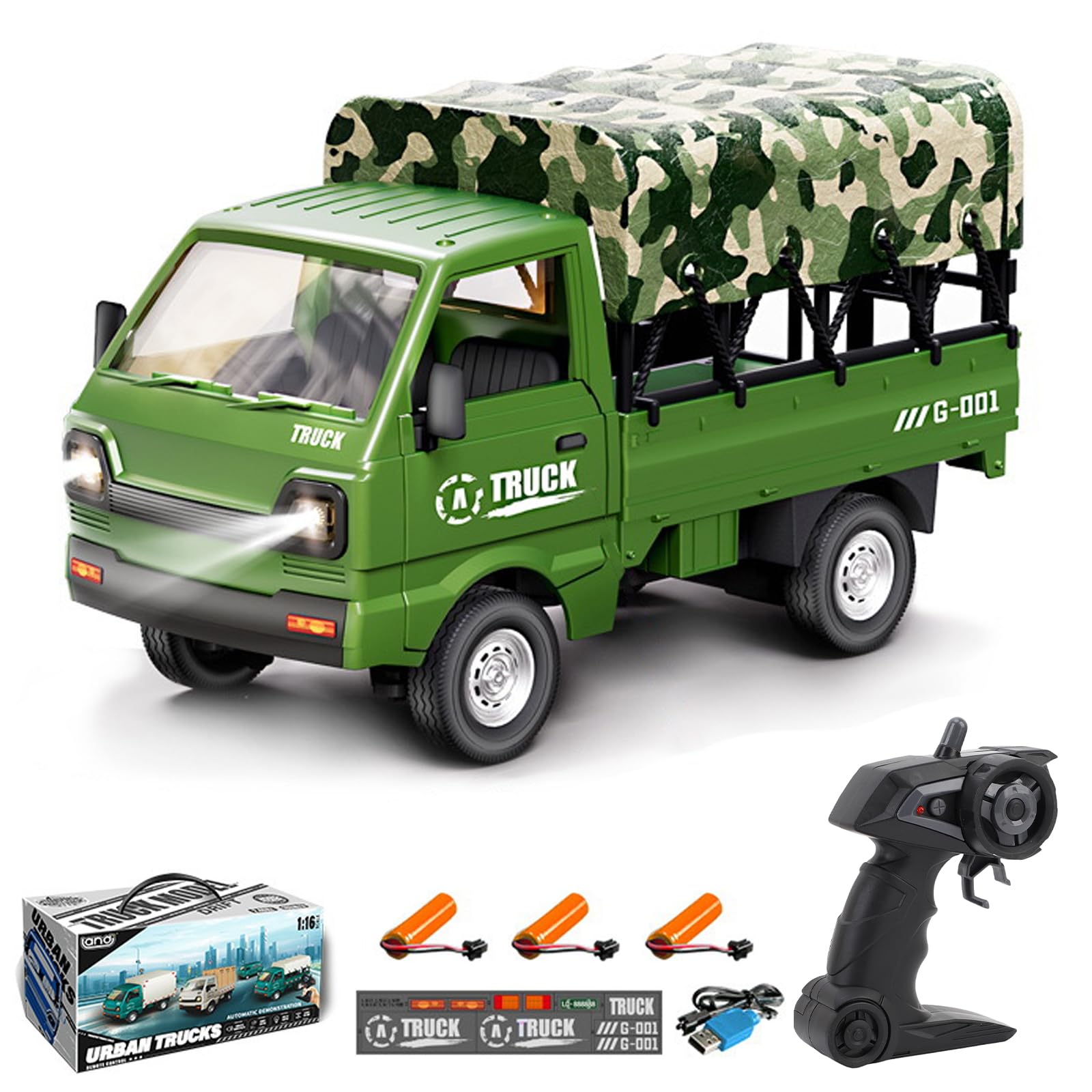 Kodbiby RC Kei Truck, 1:16 Scale Army Truck Toy, 6CH 2.4Ghz Off Road Military Remote Control Kei Trucks with LED Lights and Sound Effects, 3 Batteries for Enthusiasts (Military Truck)