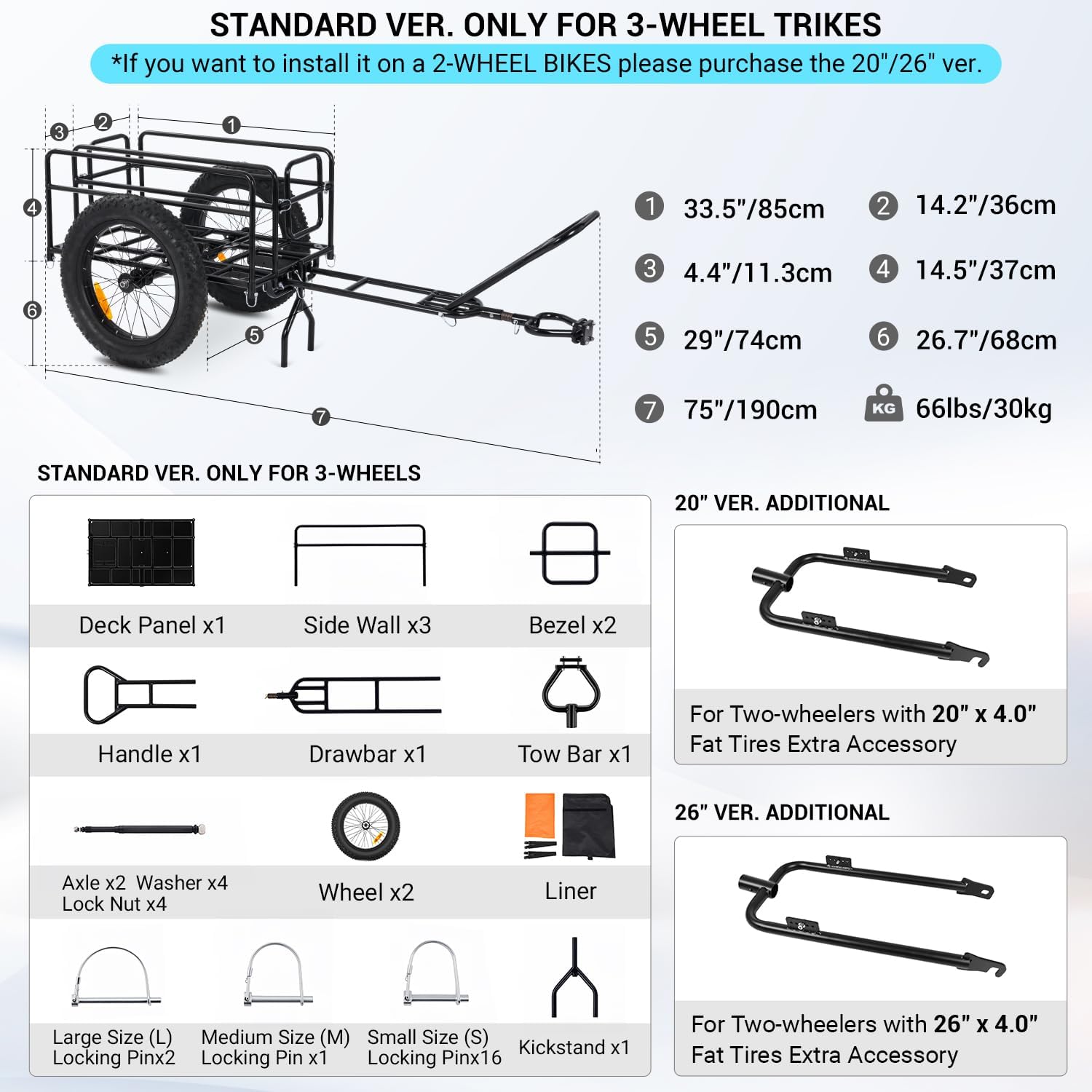 ADDMOTOR Trike Cargo Trailer with Universal Tow Bar (2025 Ver), Reinforced Steel Tubing, Inside & Outside Rust Resistance Coating, 20"x4"Fat Tires Tricycles, Waterproof Bag, DIY Installation, Black