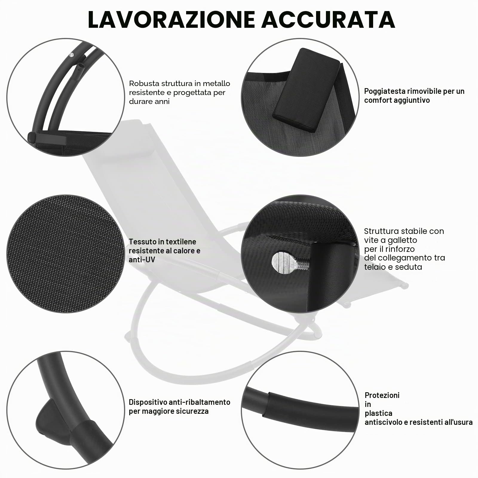 WOLTU Sedia Sdraio a Dondolo Relax Poltrona Swing Traspirante da Balcone Campeggio Lettino con Braccioli e Poggiatesta Nero