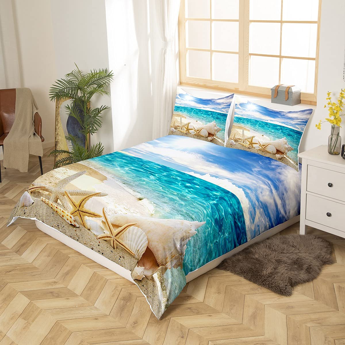 Funda de edredón con diseño de estrella de mar, juego de ropa de cama de verano para niños y adultos, ropa de cama hawaiana de vacaciones y lino, ultra suave, tropical, naturaleza, mar, tamaño king
