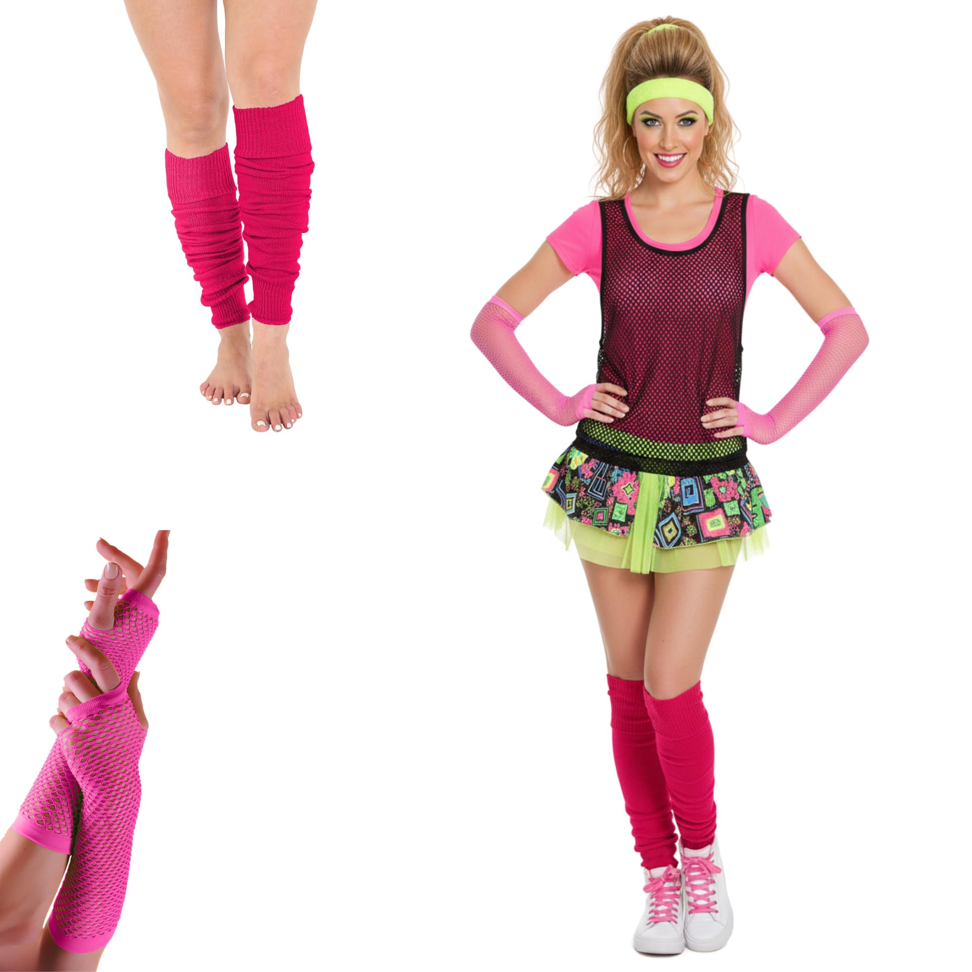 Fna Fashions Women's Pink Neon Long Fishnet Gloves And Leg Warmers Fancy Hen Night 80’S Party Novelty Dress (, One Size)