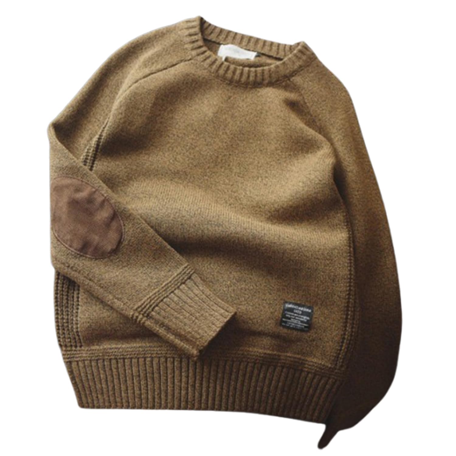 Pnzlzia Men's Khaki Elbow Patches Sweater, Vintage Style Crew Neck Sweater, Thick Pullover Tops With Elbow Patches, M