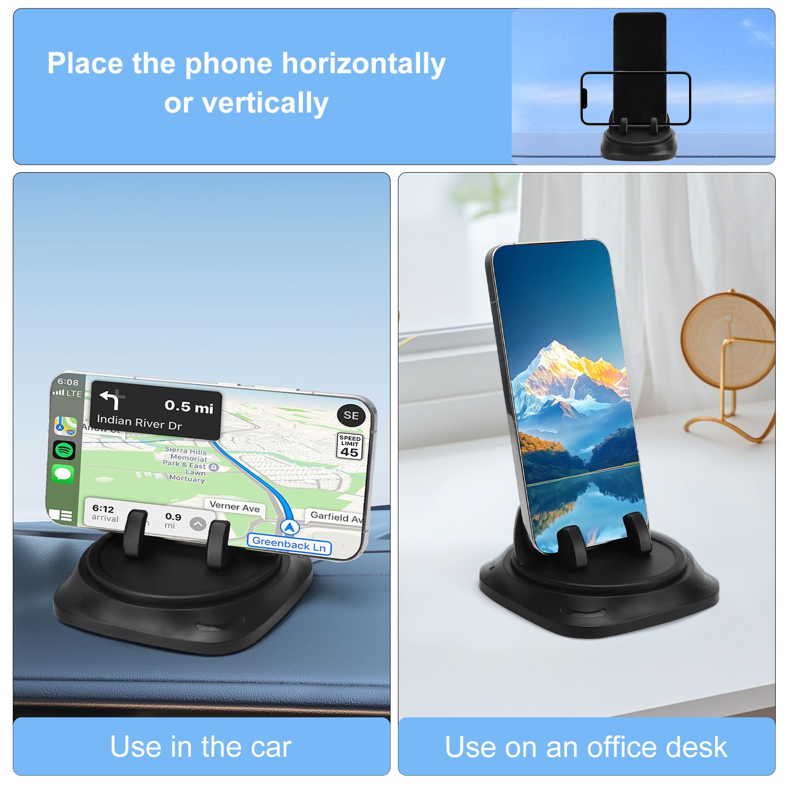 APOMOONS Uchwyt na telefon komórkowy do samochodu, na deskę rozdzielczą, uniwersalny uchwyt do smartfona, obracany o 360 stopni, uchwyt na telefon komórkowy z samoprzylepną podstawą, do wszystkich