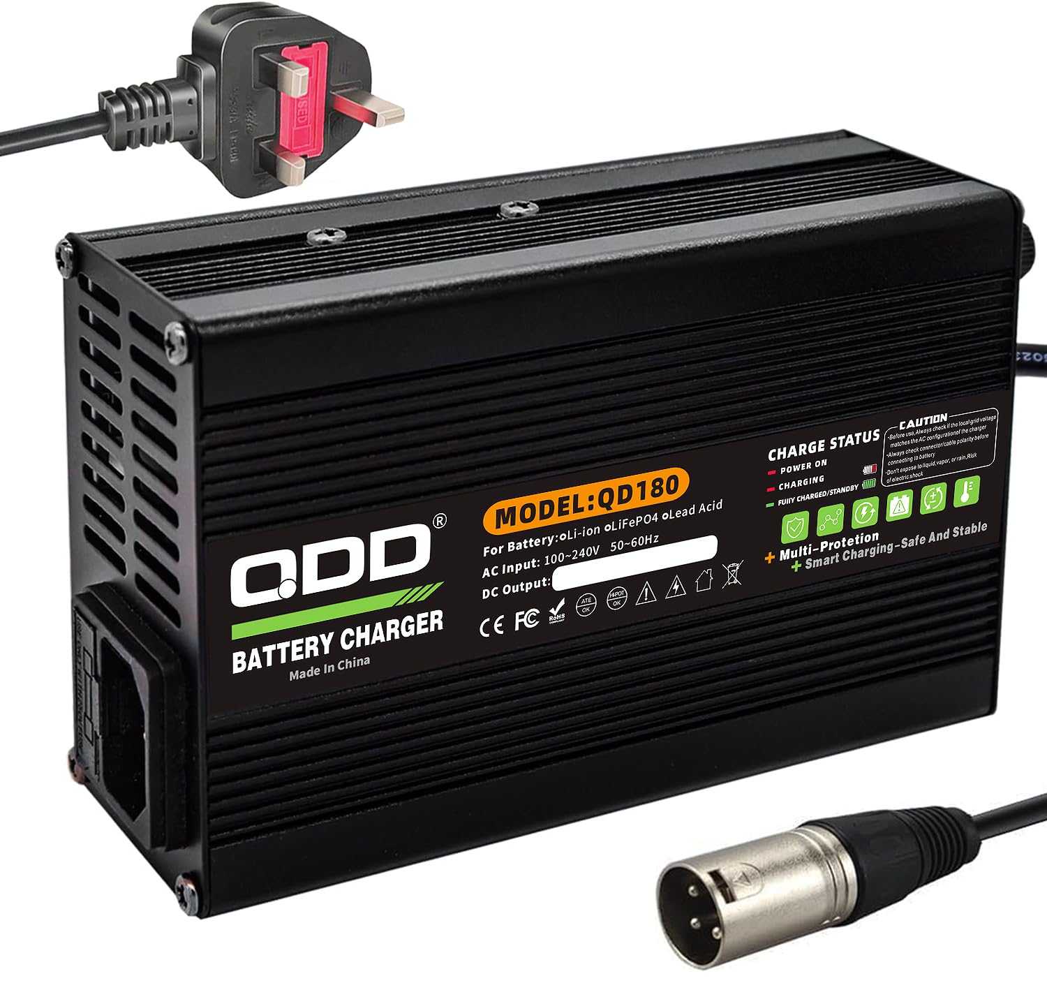 QDD Cargador de batería de litio de 29,4 V 4 A para 7S 24 V 25,9 V con salida de ventilador de refrigeración con conector XLR de 3 pines