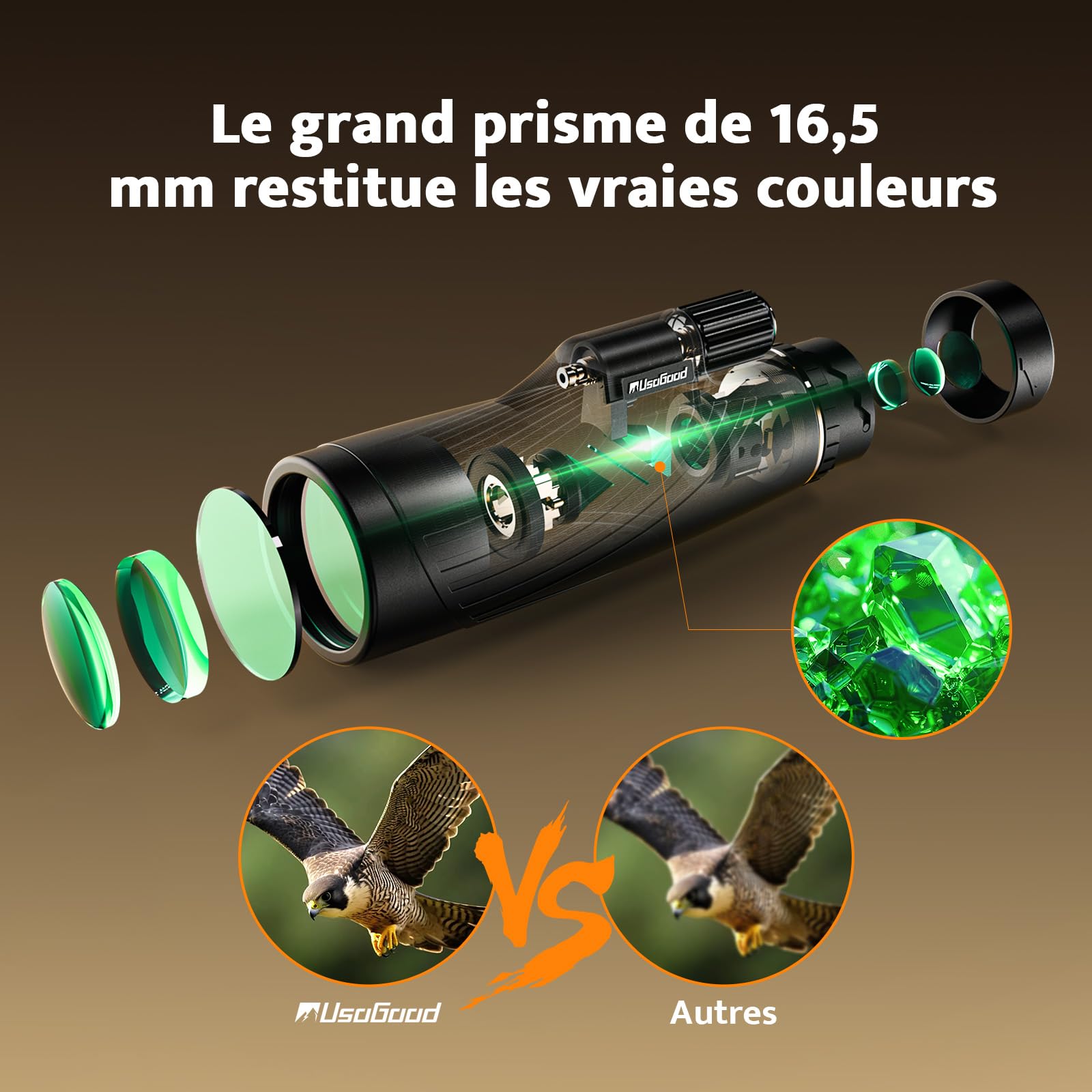 Usogood Monoculaire Puissant 12×56 – Télescope HD pour Adultes avec Prisme BAK4 et Revêtement FMC,Etanche à l'eau, Idéal pour l’Observation des Oiseaux, la Chasse, Concerts et Activités de Plein Air