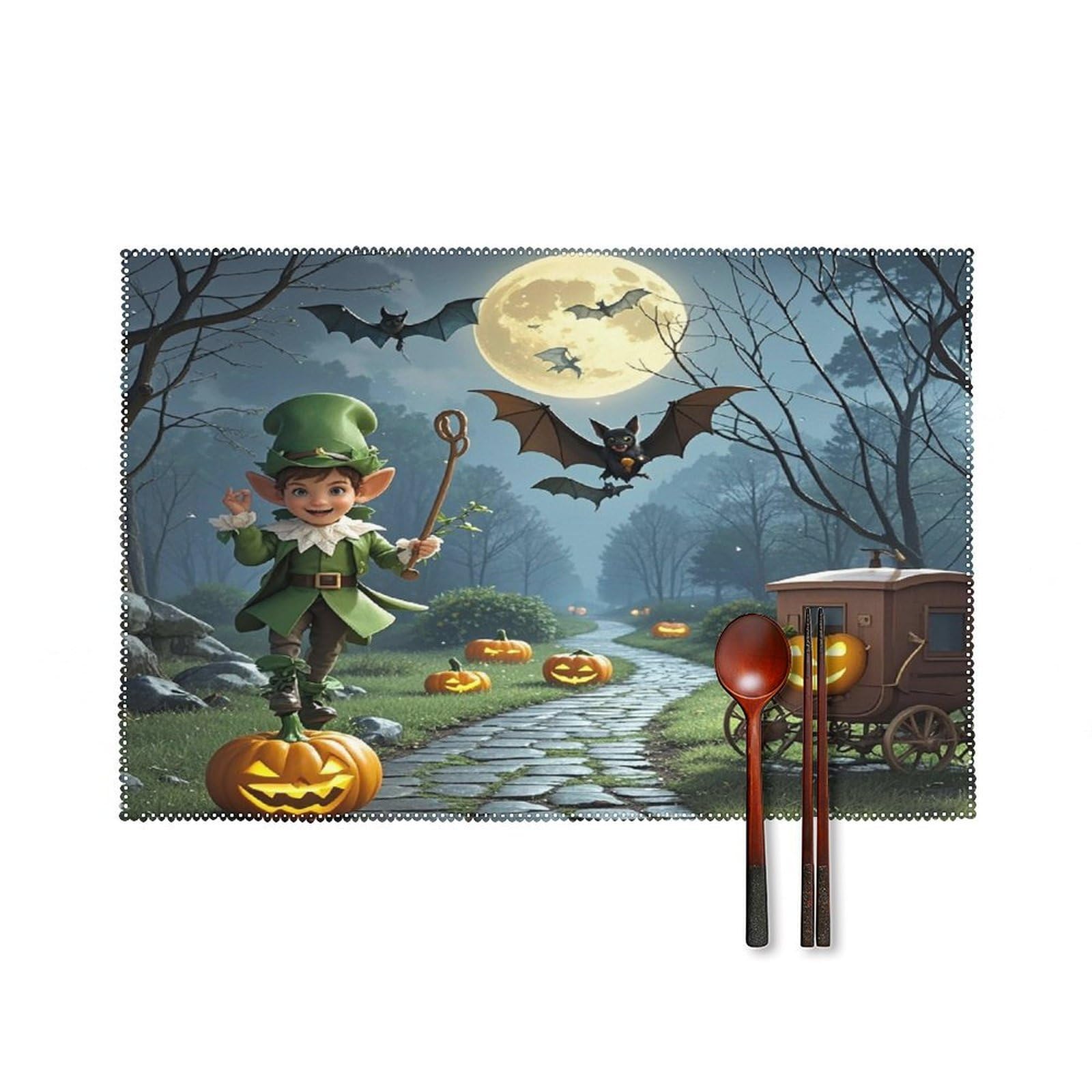 Elves and Bats Placemats Set of 6 Washable Farmhouse Dining Table Mat Non Slip Heat Resistant Non-Slip Place Mats Easy Clean Table Protective Placemats for Indoors & Outdoors