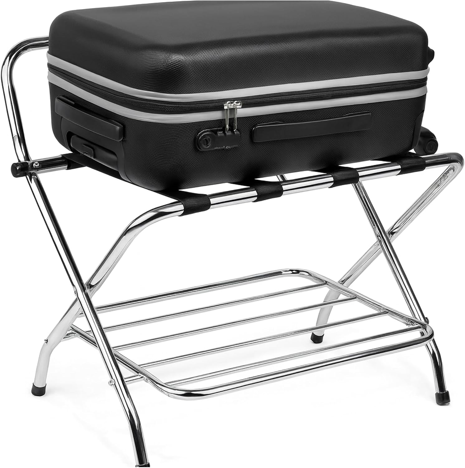 USTECH Double Tier Luggage Rack with High Back Chrome Folding Suitcase Stand, Guest Room Hotel Luggage Holder, Self Assembly, Durable Metal Frame (Pack of 2)