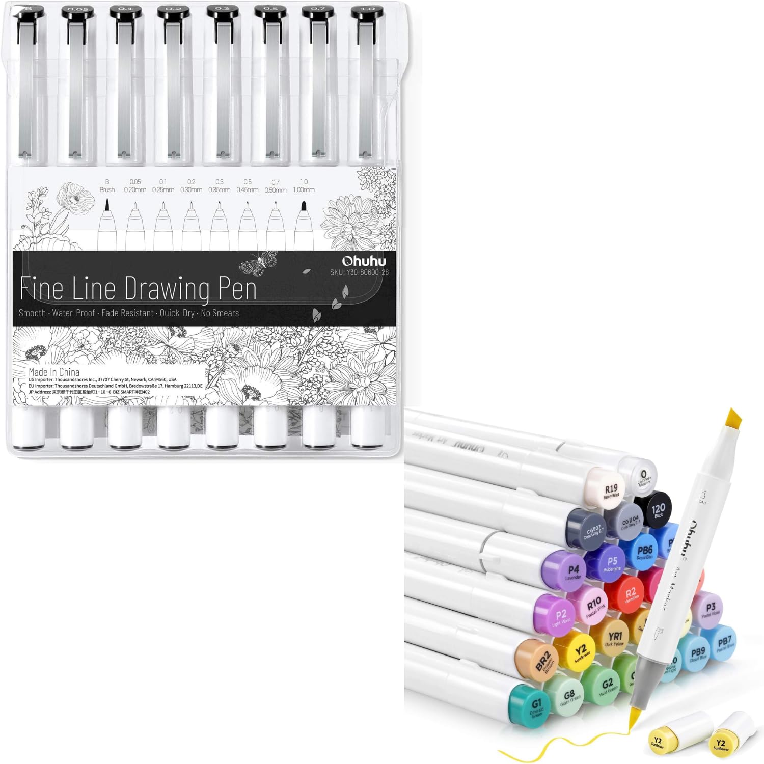 OhuhuFineliner Pens 8 Sizes Micro Pens Pigment Black Ink Waterproof Alcohol Proof Alcohol Markers Brush Chisel Tips 24 Colors Art Markers