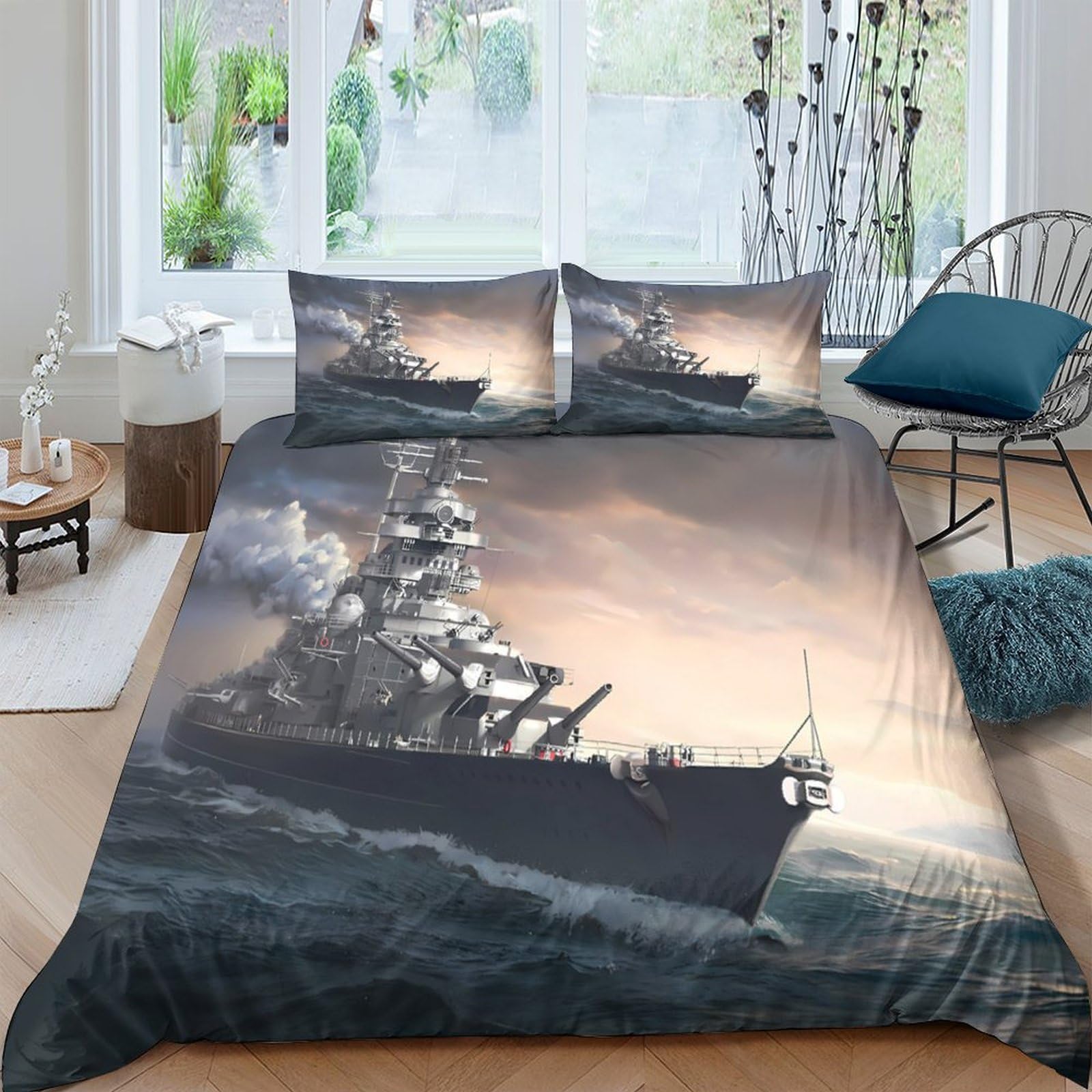 Ctjqhvkz Style-7 3D Printed Battleship Ocean Fitted Sheet Microfiber Soft Navy Warship Bed Cover For Bedroom Guest Room Mattress Decor Single（135X200cm）