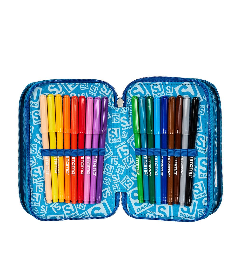 SJ Gang Astuccio Scuola 3 Zip, Blu,Facce Da SJ, Portapenne Triplo Scomparto Completo Di Penne, Matite, Colori, Accessori Zaino, Elementari, Medie, Bambino