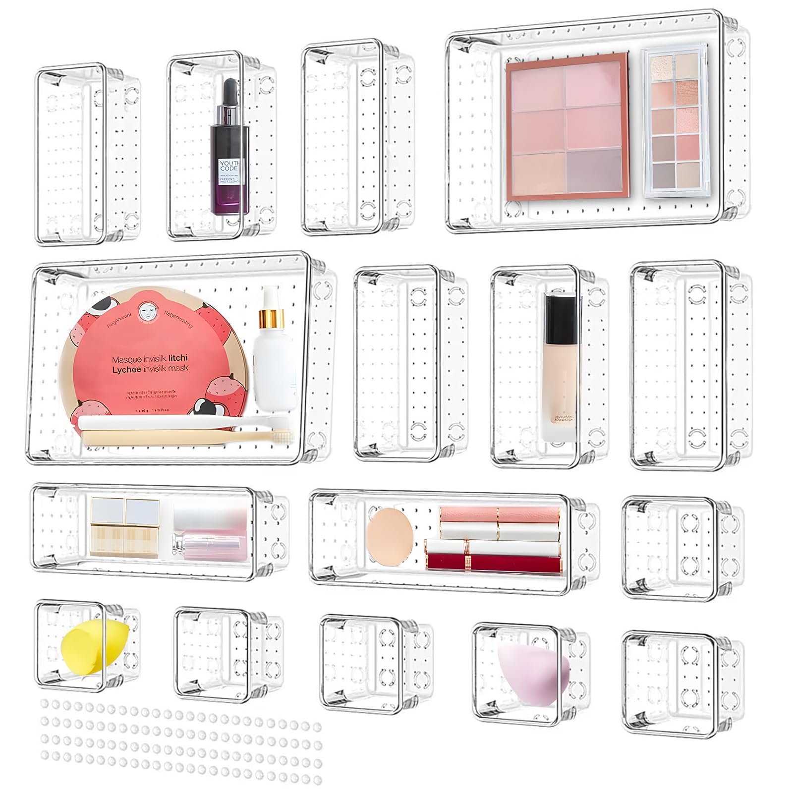 LOVICVKEM 16pcs Organizadores de Cajones en 4 Tamaños, Organizador de Cajones de Plástico Transparente, Organizadora Maquillaje Organizador para Escritorio, Cocina, Baño, Armario
