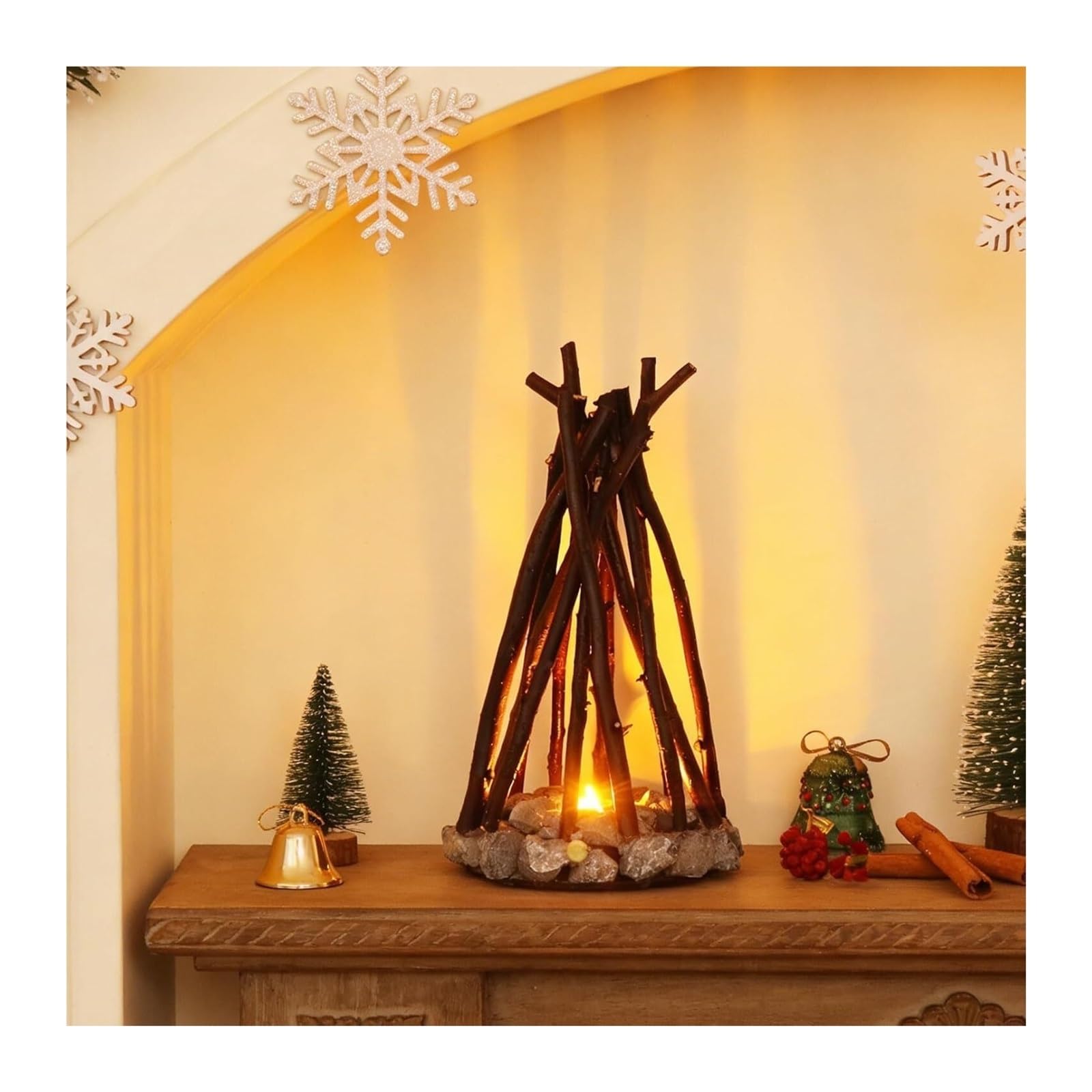 HELCEKOU Wooden Campfire LED Night Light – 3 Modes & Flame Sound, Dimmable USB Powered Simulated Bonfire Lamp for Kids Bedroom Office(50cm)