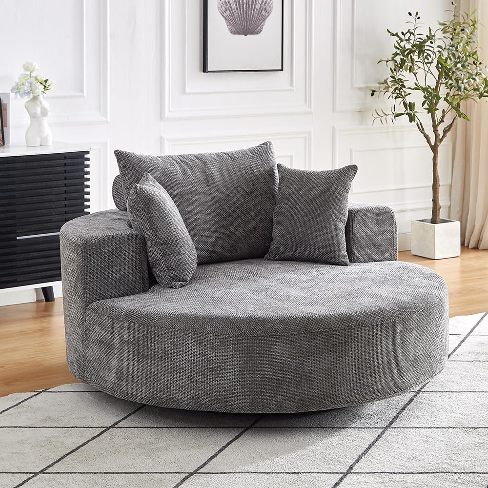 55" W Oversized Round Swivel Accent Chair, 360° Chenille Upholstered Chaise Lounge Chair Indoor, Modern Comfy Deep Seat Single Barrel Chairs for Living Room, Bedroom, Apartment (Light Grey)