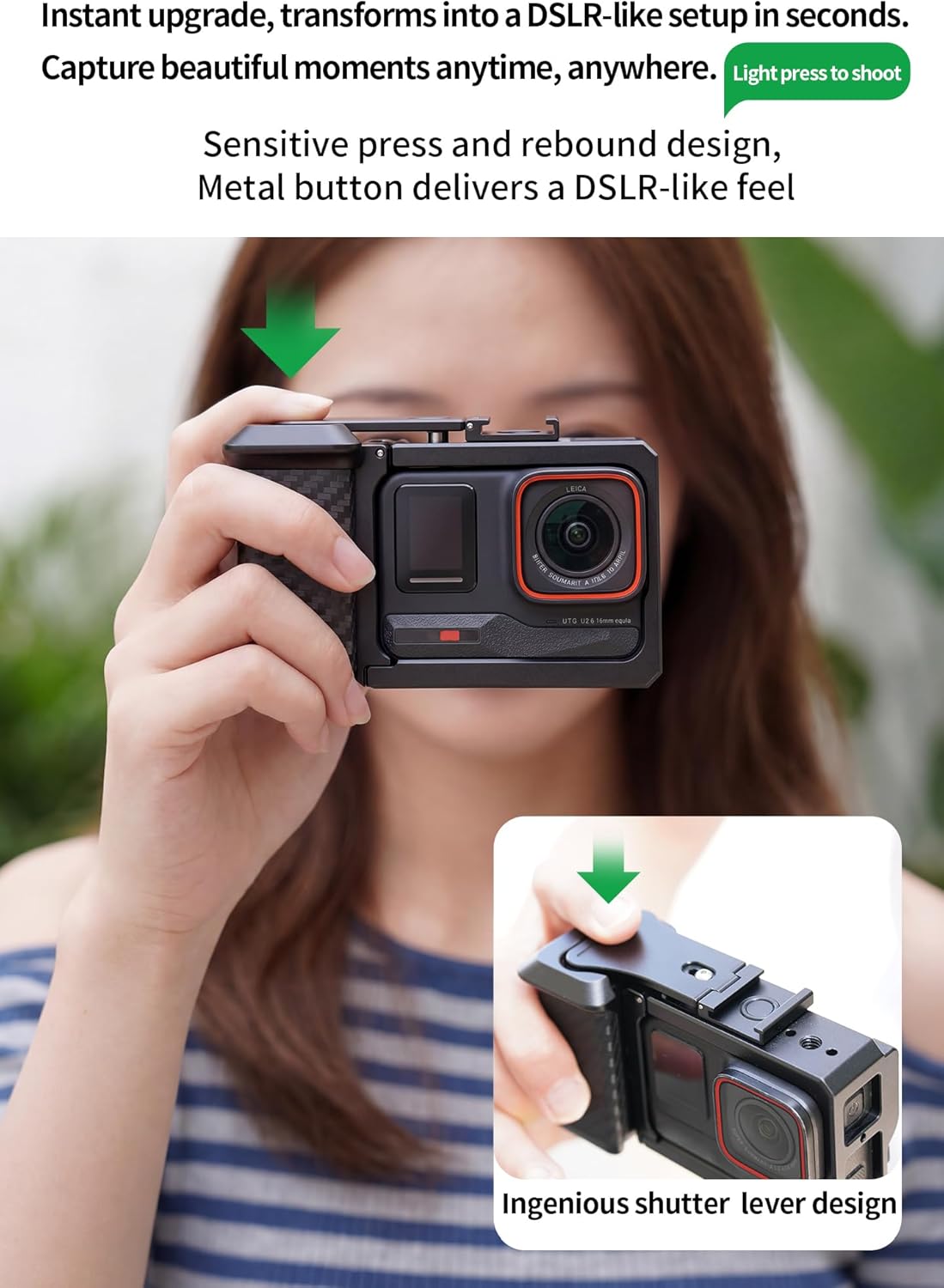 Action Camera Street Photograph Handle Grip Protective Frame Kit for Ace Pro 2, Aluminum Alloy Carbon Fiber Textured Shutter Grip (Standard Handle)