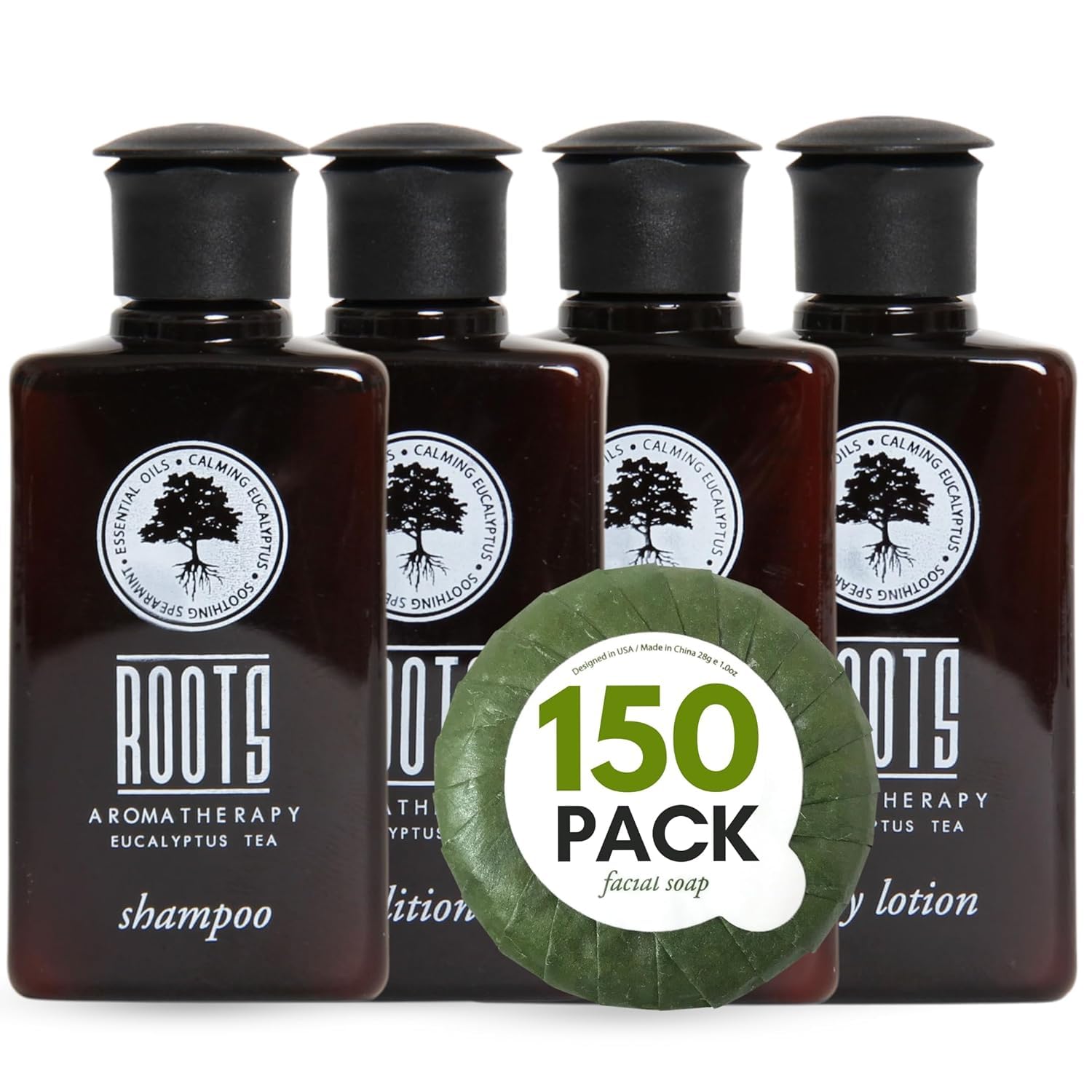 ROOTS AROMATHERAPY 150 Piece Airbnb Essentials for Hosts,Hotel Shampoo & Conditioner Supplies for Guests, Body Wash Lotion & Soap, Travel Size