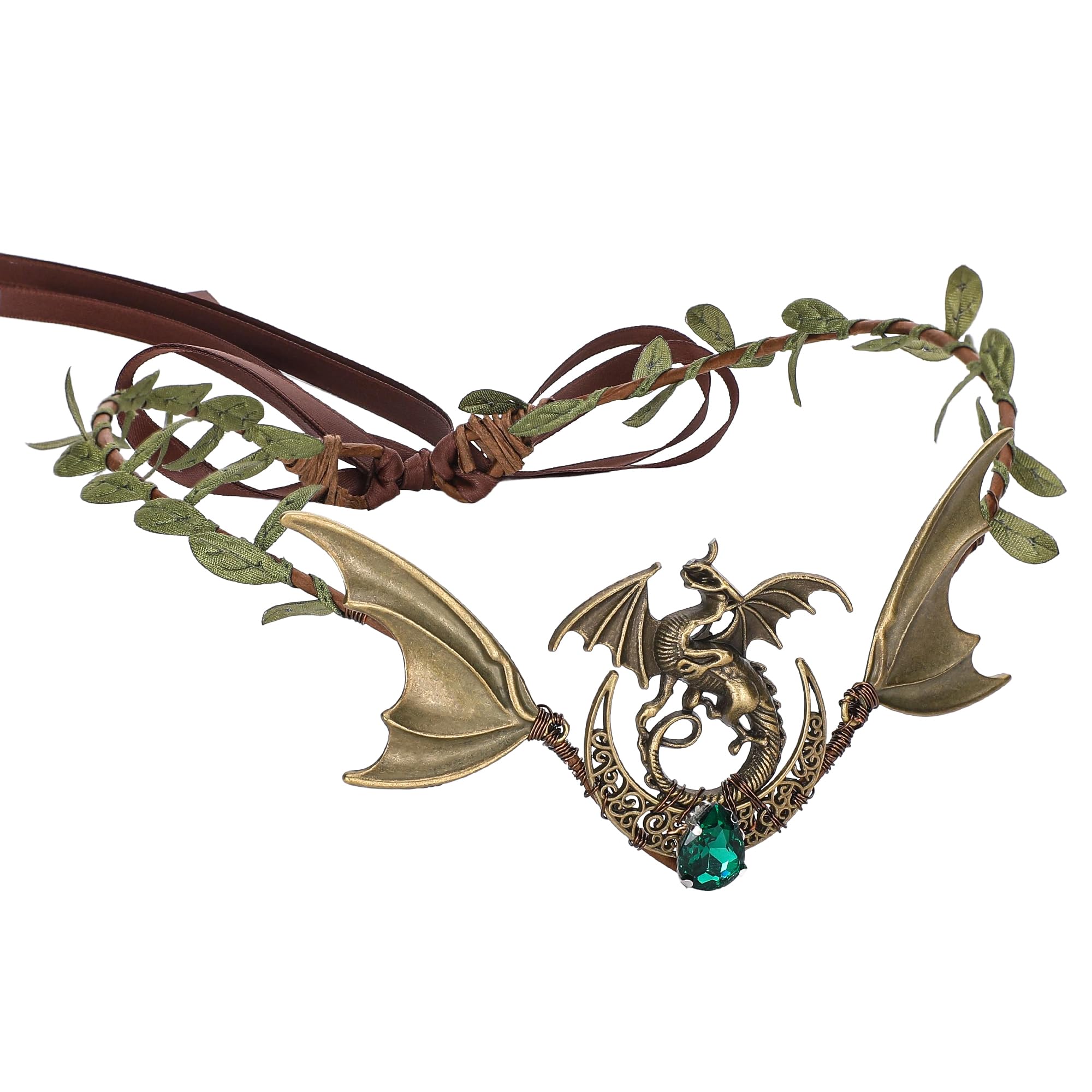 PartyforU Elf Flower Crown with Dragon Moon for Cosplay Bronze Elven Headpiece for Renaissance Fairy Costume Women
