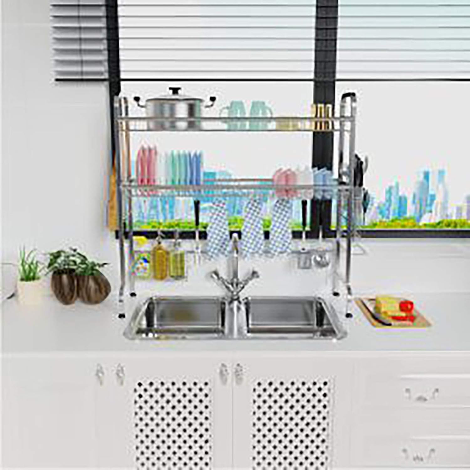 Veckle Over The Sink Dish Drying Rack, 2 Tier Large Stainless Steel Dish Rack Over Sink for Kitchen Countertop with Utensil Holder Hooks Standing Dish Drainer, Silver