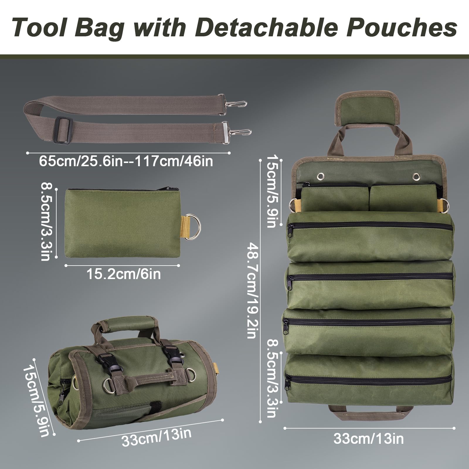 Sac à Outils Enroulable avec 2 Pochettes Détachables, Tissu Oxford Imperméable, Portable Pour Mécaniciens Électriciens