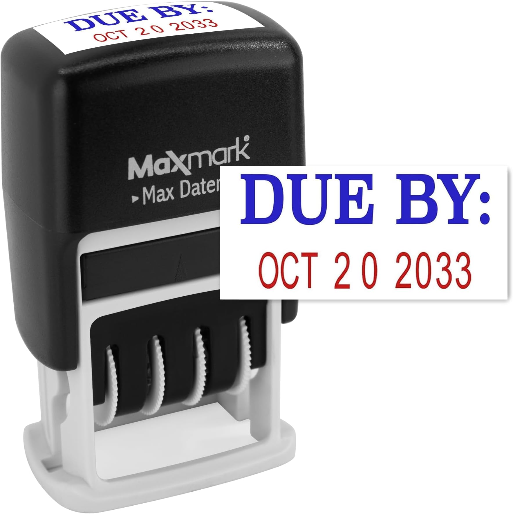 MaxMark Self-Inking Rubber Date Office Stamp with Phrase & Date - 2 Color Blue/Red Ink (Max Dater II), 12-Year Band DUE BY