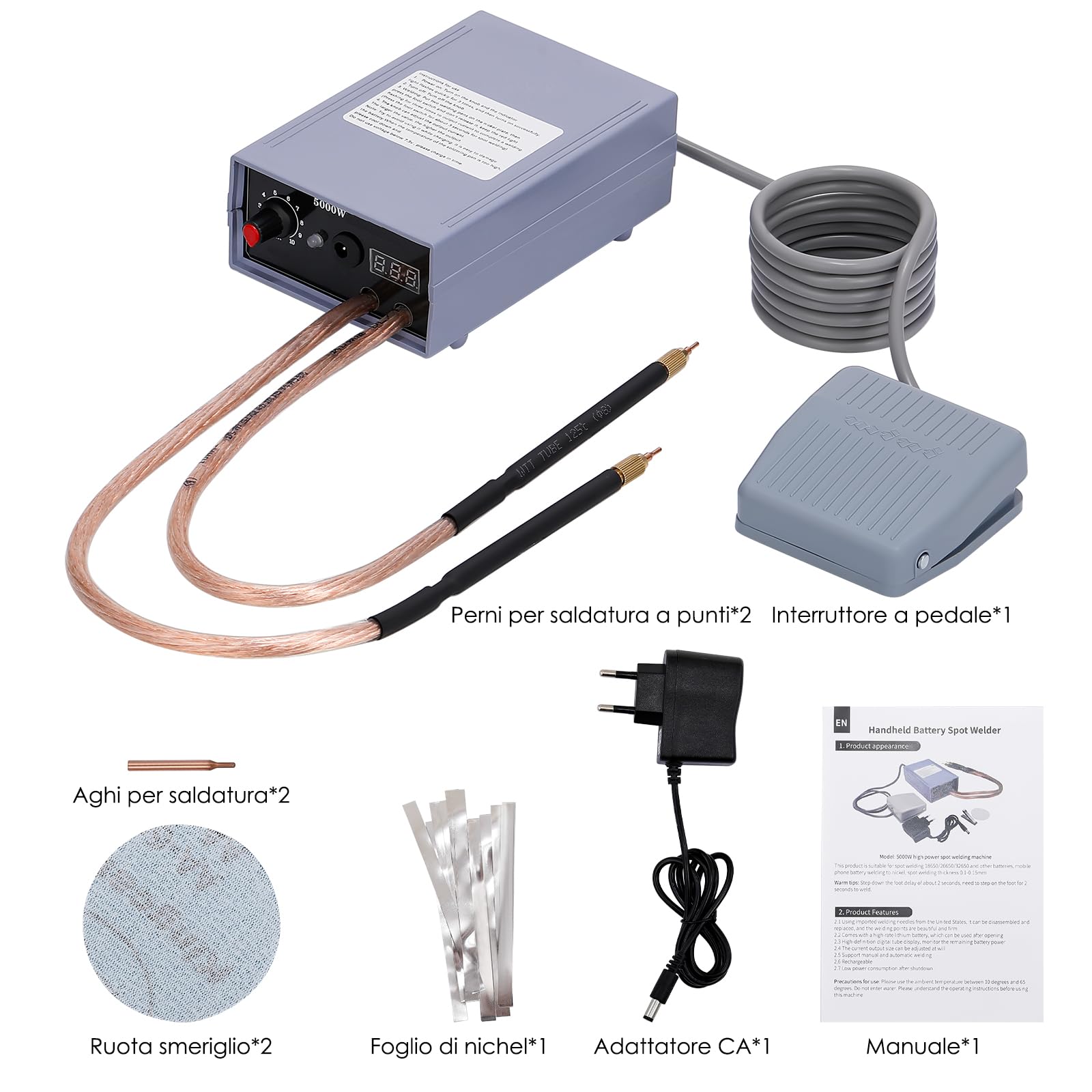 Weytoll Saldatrice a punti 18650, batteria fai da te, 5000 W, 6200 mAh, mini 0-800 A, corrente regolabile, saldatrice a punti per batteria 18650