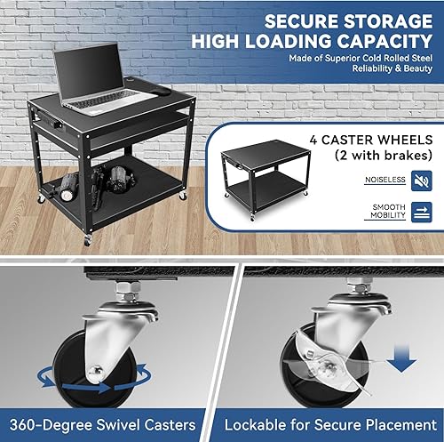 Miniatura 3 de Auto Dynasty Carrito de almacenamiento universal de altura ajustable con tira de alimentación para computadora y proyector, 3 tomacorrientes, 35