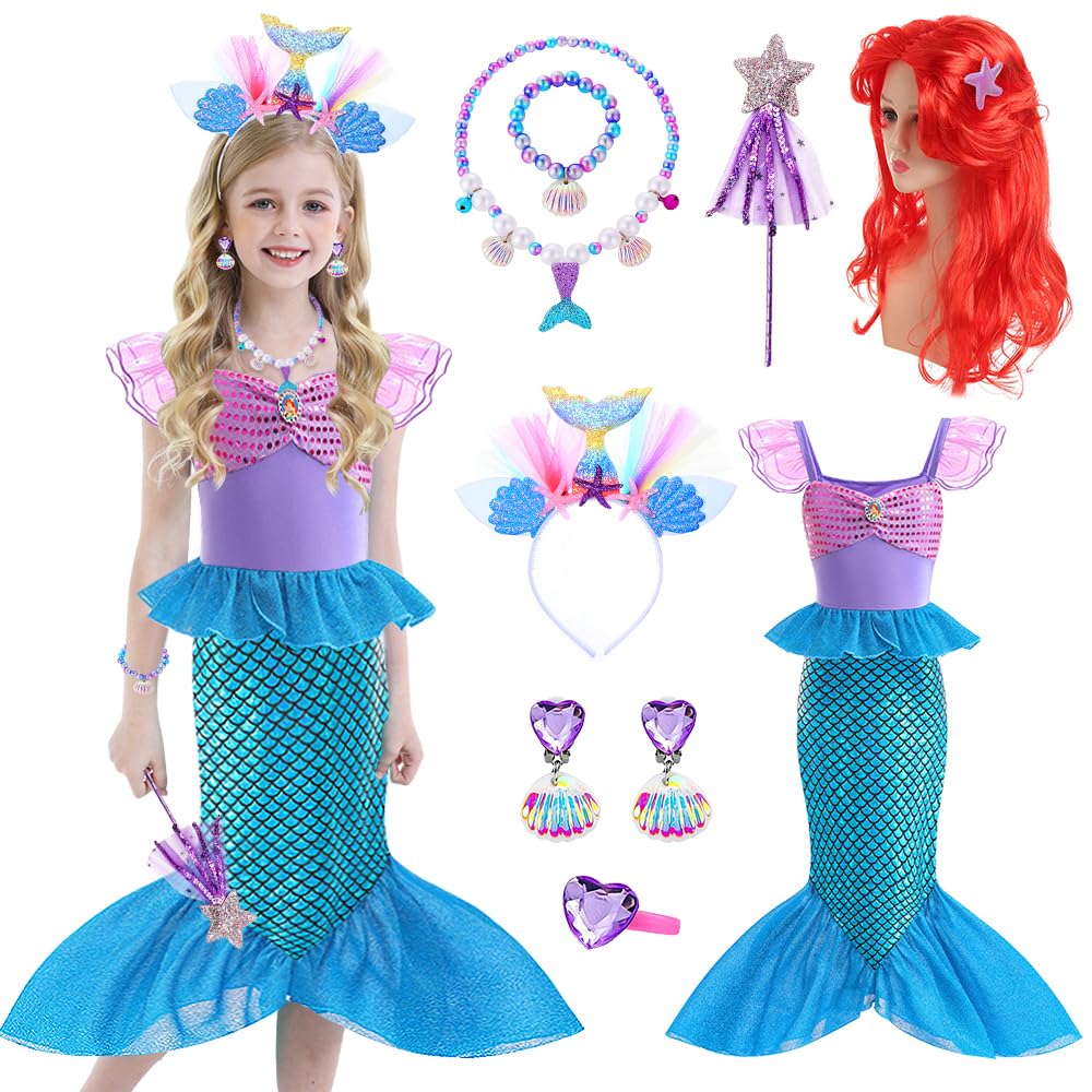 YYDSXK Mermaid Costume Kids, Mermaid Dress for Girls with Ariel Wig, Princess Costumes Fancy Dress for Girl Gift, Little Mermaid Costume for Carnival Cosplay Party (120)
