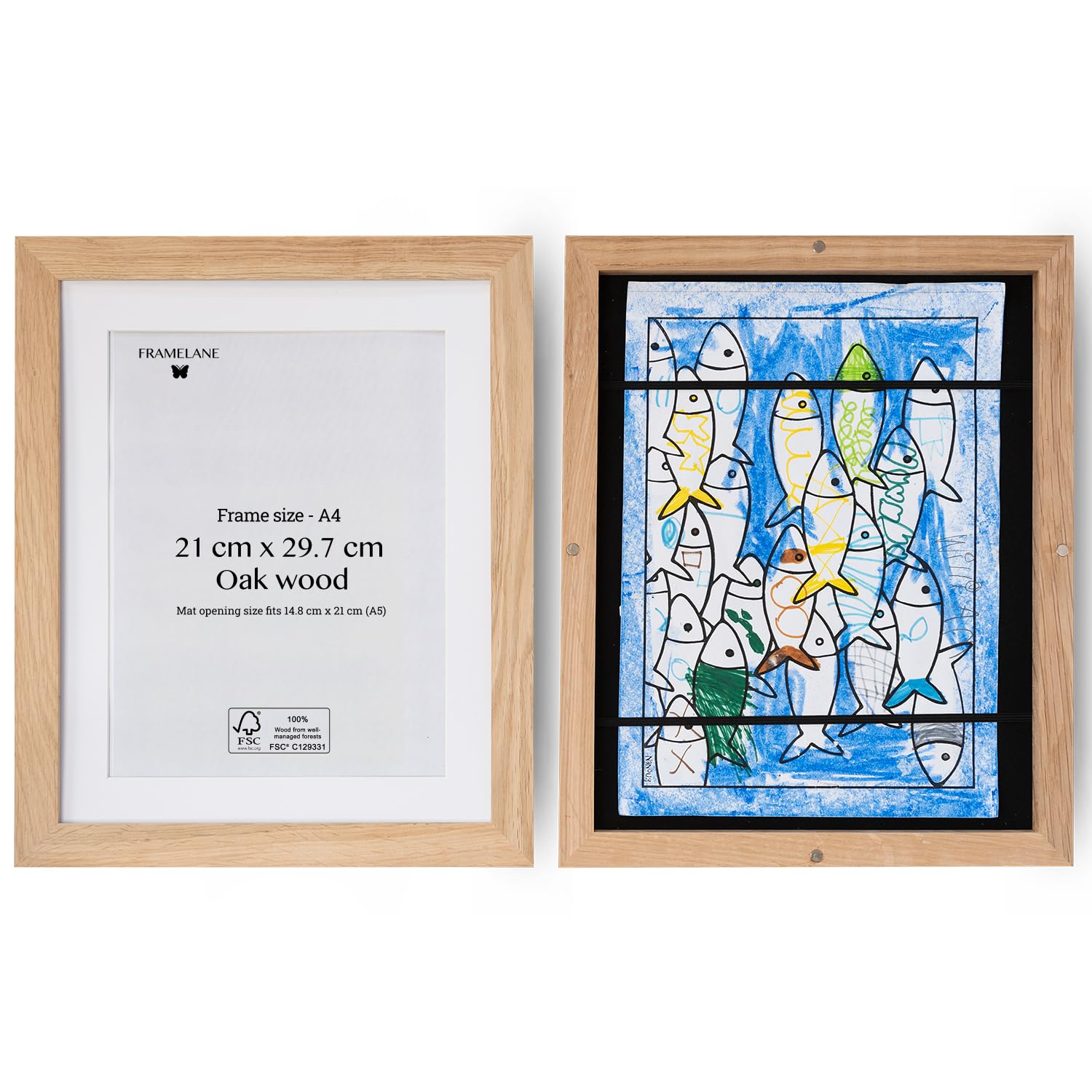 Lot de 2 cadres photo A4 pour enfants - Design naturel, support intégré, clips, fermetures magnétiques et bandes élastiques pour ranger les dessins - Chêne naturel