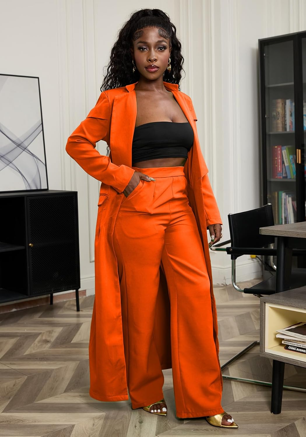 Famnbro Womens Suits 2 Piece Set Long Blazers Jacket Lapel and Straight Leg Pants Business Outfits - Image 2