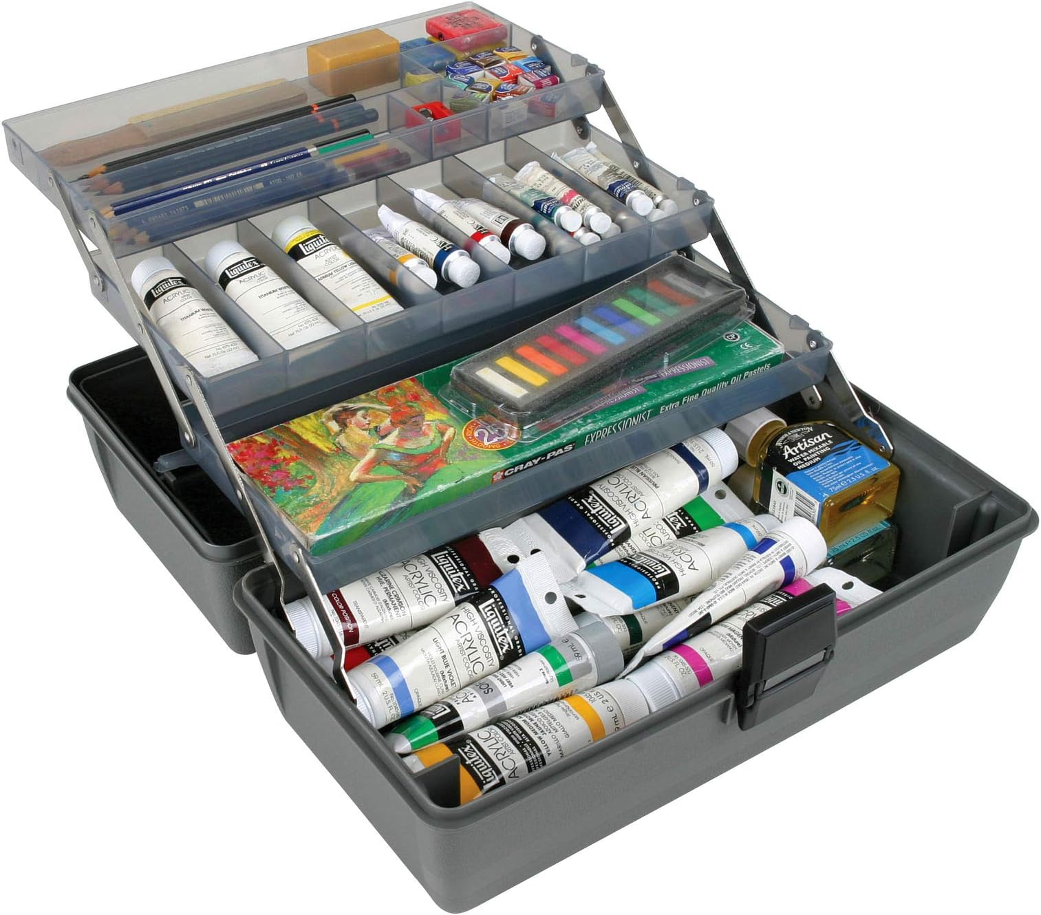 ArtBin 8413 Upscale 3-Tray Box, Portable Art & Craft Organizer with Lift-Up Trays, Gray