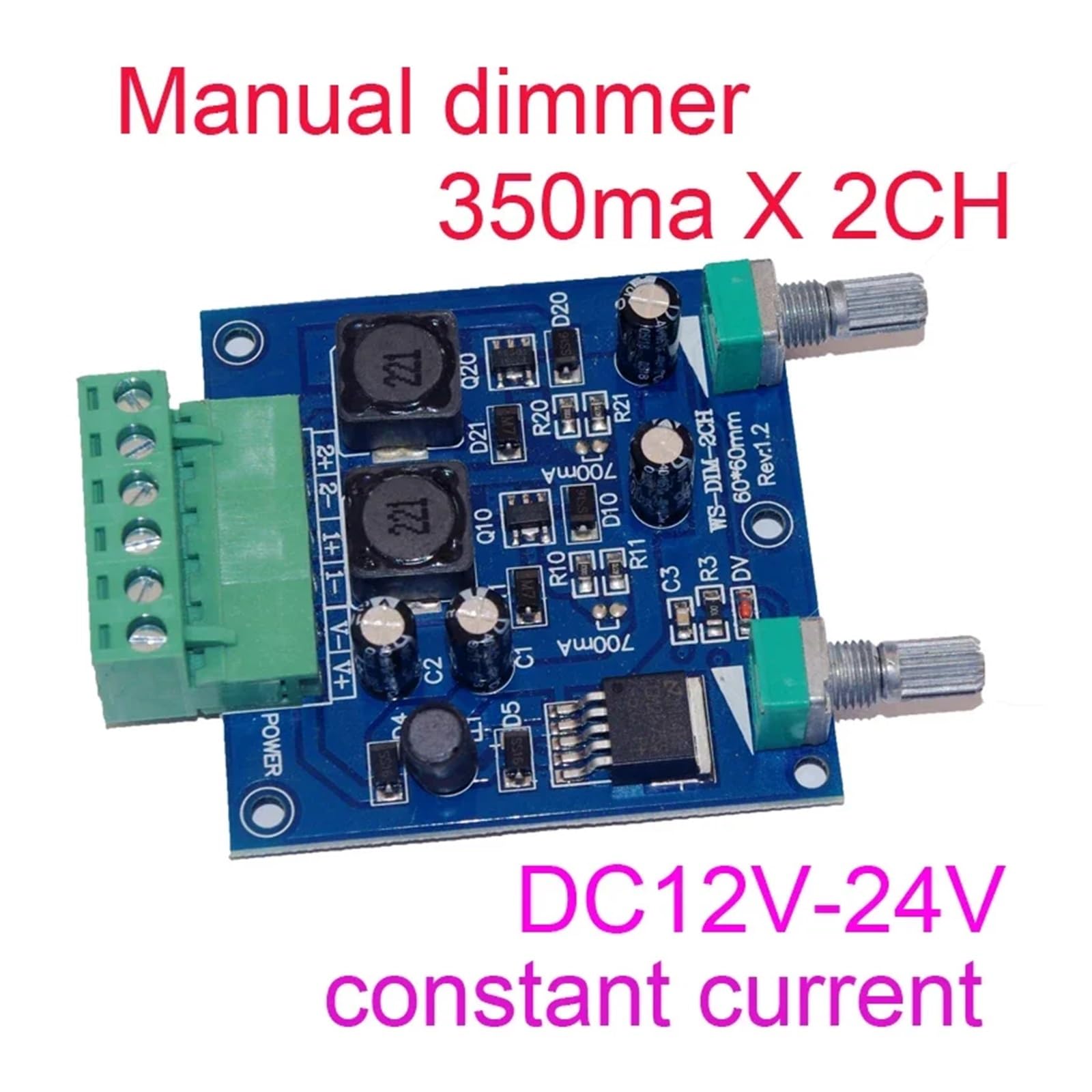 Regulador de intensidad de corriente constante LED con perilla manual 350MA / 700MA * Controlador 512 de 2 canales Entrada de CC de 12 V-24 V Atenuador Decodificador de 2 canales(WS-DIM-2CH 350MA)