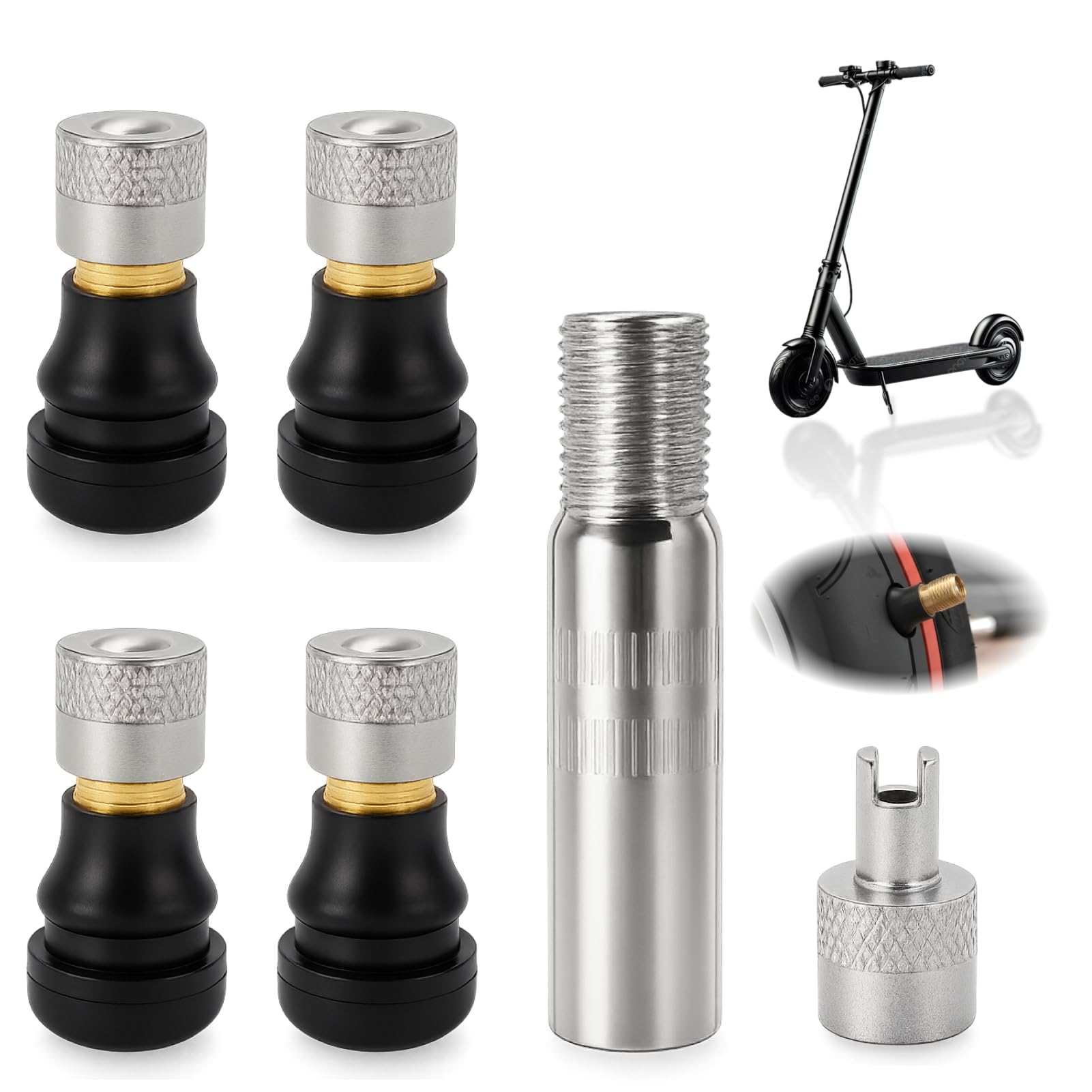 6 pezzi Valvola tubeless, adattatore prolunga per monopattino elettrico, set durevole di prolunghe valvola con funzione di tenuta, accessorio per pneumatici tubeless, montaggio facile, universale
