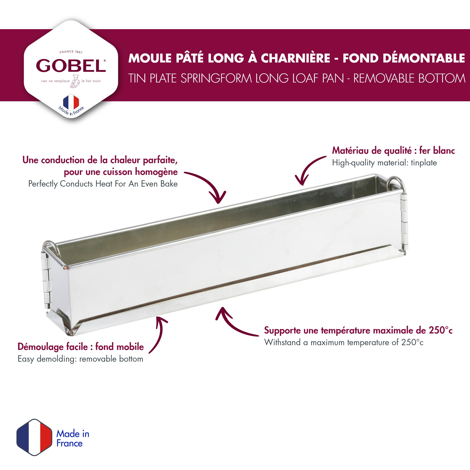 Gobel Moule à Pâté Croute Long 30 x 4 cm – Mini Moule à Charnière en Fer Blanc – Fond Amovible – Idéal Terrines et Pâtés Maison – Fabrication Française