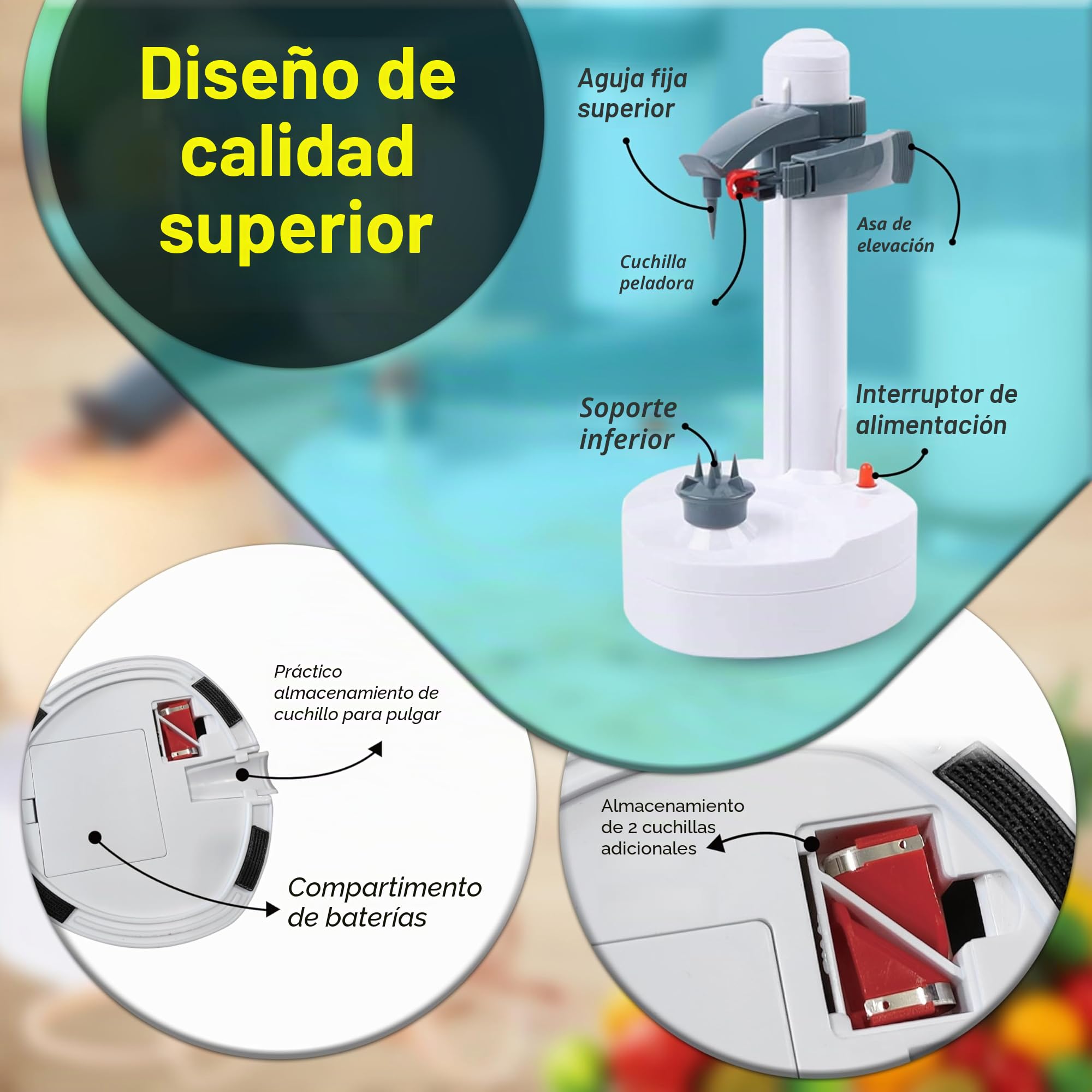 ARSUK Peladora eléctrica multifunción Peladora de Manzana giratoria automática Peladora de Patatas Máquina de Corte de Verduras Herramienta de pelado de Cocina de Acero (Blanco)