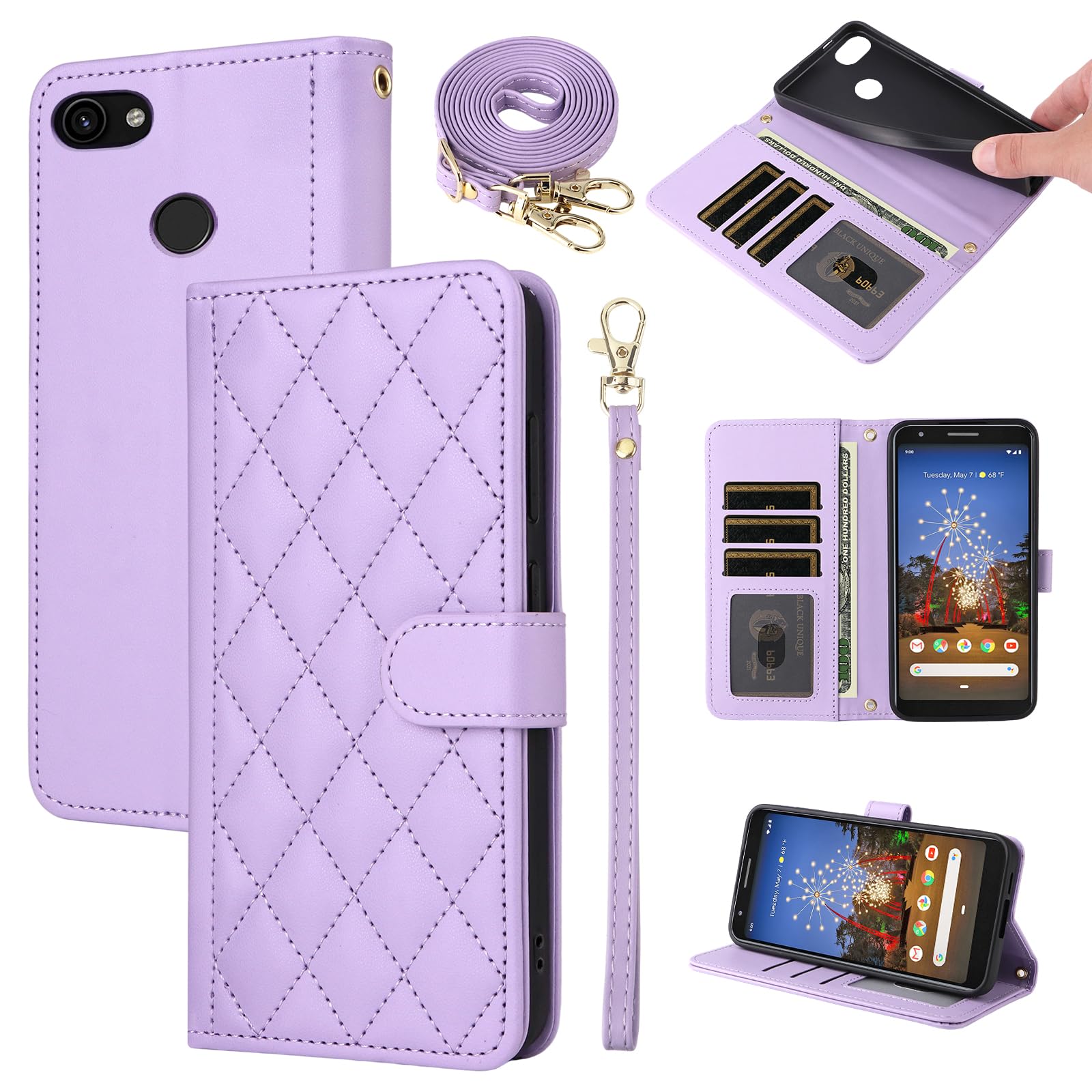 Furiet Argyle Wallet Case for Google Pixel 3a XL with Wrist Strap Shoulder Strap, Card Slots Folio Purse, Luxury PU Leather Stand Accessories Phone