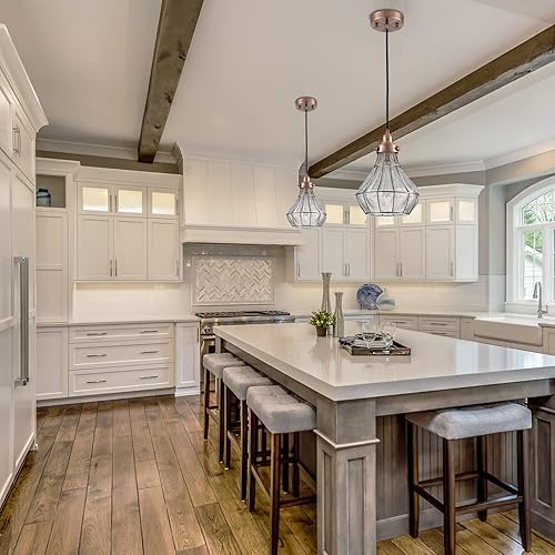 Miniatura 3 de YUBOLE Lámpara colgante de techo de jaula de alambre vintage de vidrio agrietado, cobre antiguo rojo