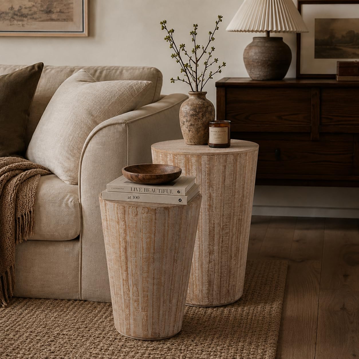 Aoikax Farmhouse Nesting Barrel Side Table, Fully Assembled, Natural | Rustic Space Saving Storage End Table Set, Natural Wood Finish