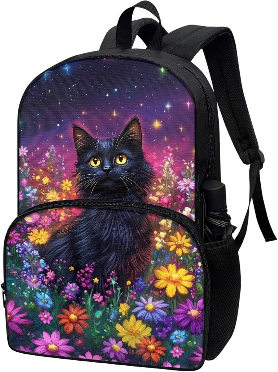 chaqlin Black Cat Flower Prints Backpack for Girls Lightweight Bookbag Primary School Daypack Elementary Students Knapsack