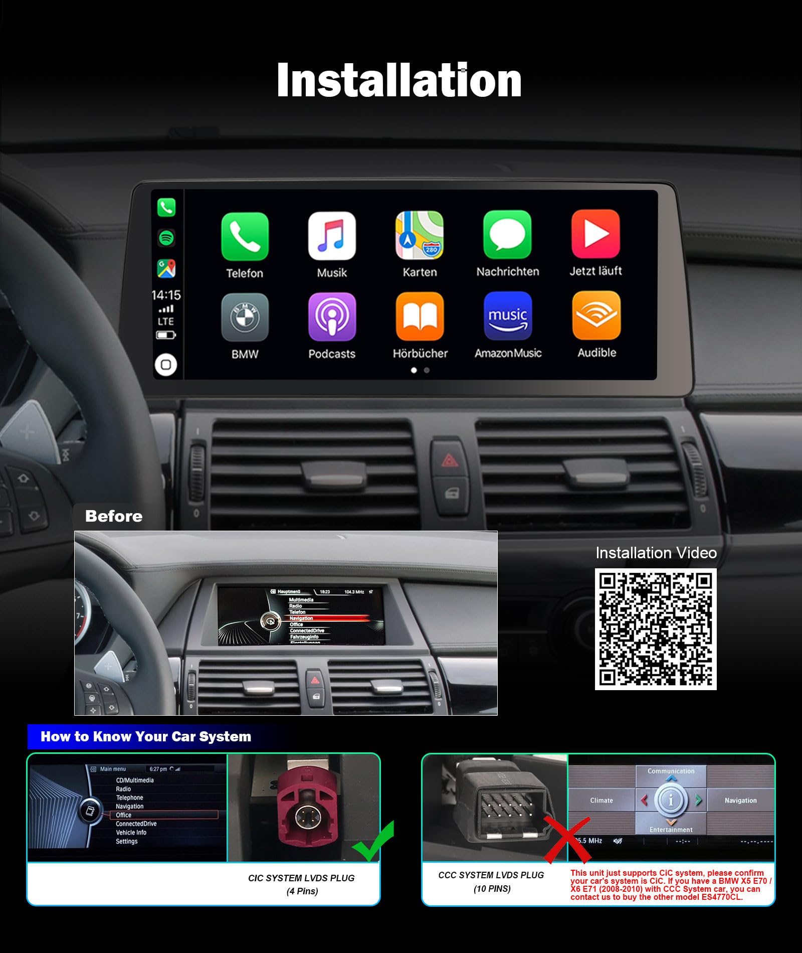 Erisin 12,3 Pulgadas 8-Núcleo 8GB RAM+128GB ROM Android 14 Radio Coche Bluetooth para BMW X5 E70 BMW X6 E71 Sistema CIC GPS Navegador CarPlay Android Auto WiFi 4G DSP Dab+ IPS Pantalla Canbus