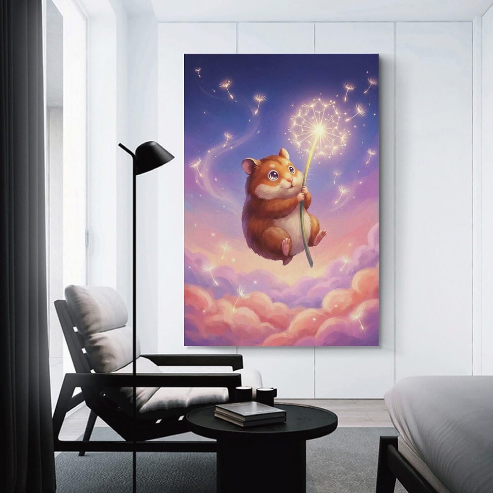 Junmoney Canvas Wall Picture Cute Hamster with Dandelion, 08x12inch(20x30cm), for Office, Study Or Home Workspace, Canvas Wall Decor for Creative Rooms